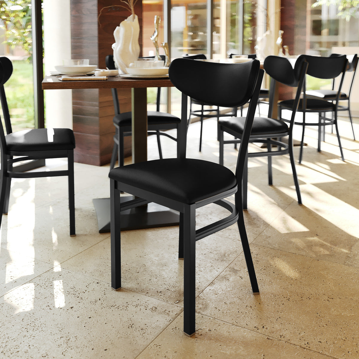 Wright Commercial Grade Dining Chair with 500 LB. Capacity Steel Frame, Solid Wood Seat, and Boomerang Back