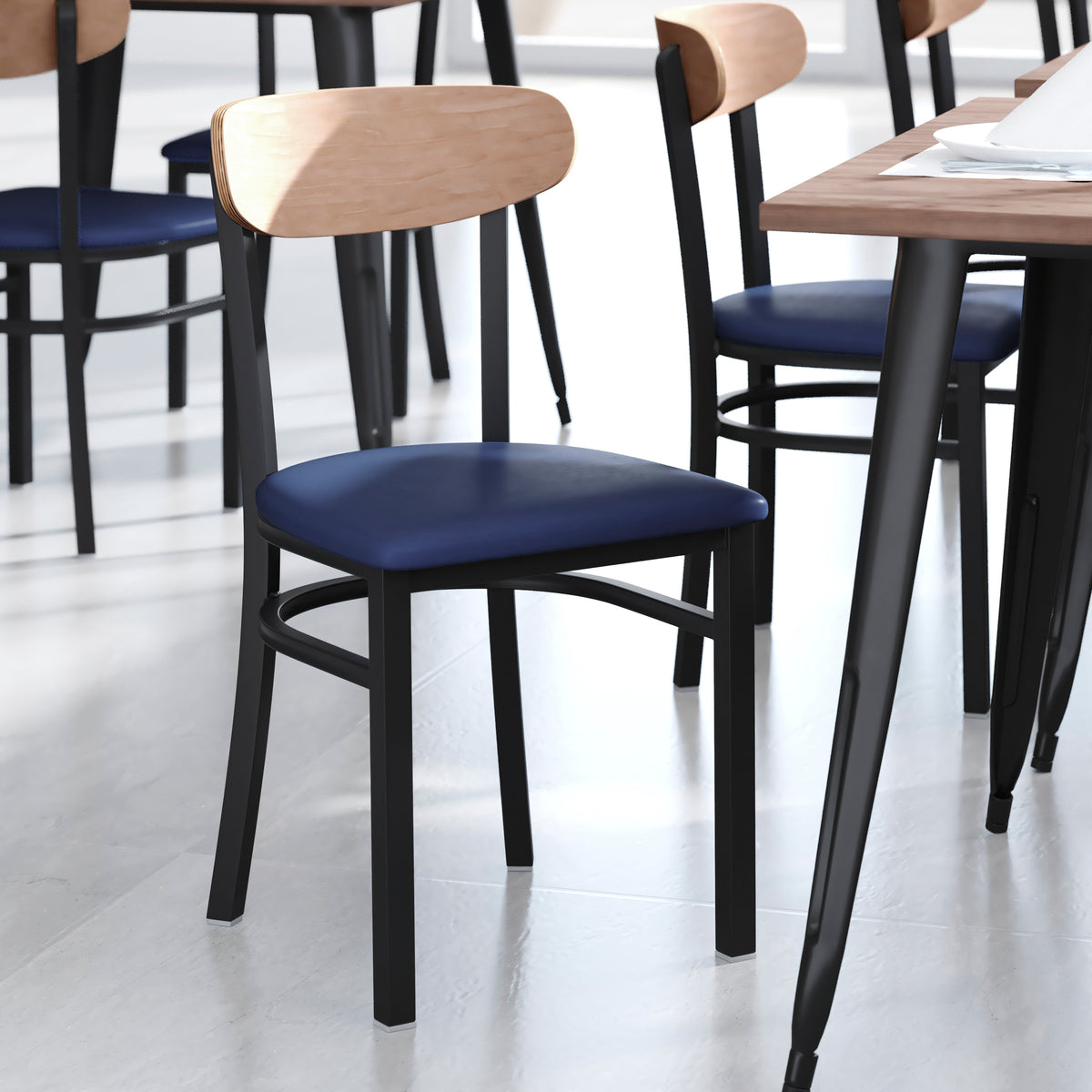 Wright Commercial Grade Dining Chair with 500 LB. Capacity Steel Frame, Solid Wood Seat, and Boomerang Back
