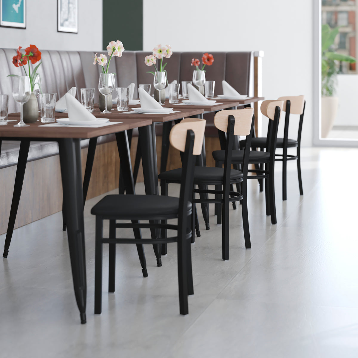 Wright Commercial Grade Dining Chair with 500 LB. Capacity Steel Frame, Solid Wood Seat, and Boomerang Back