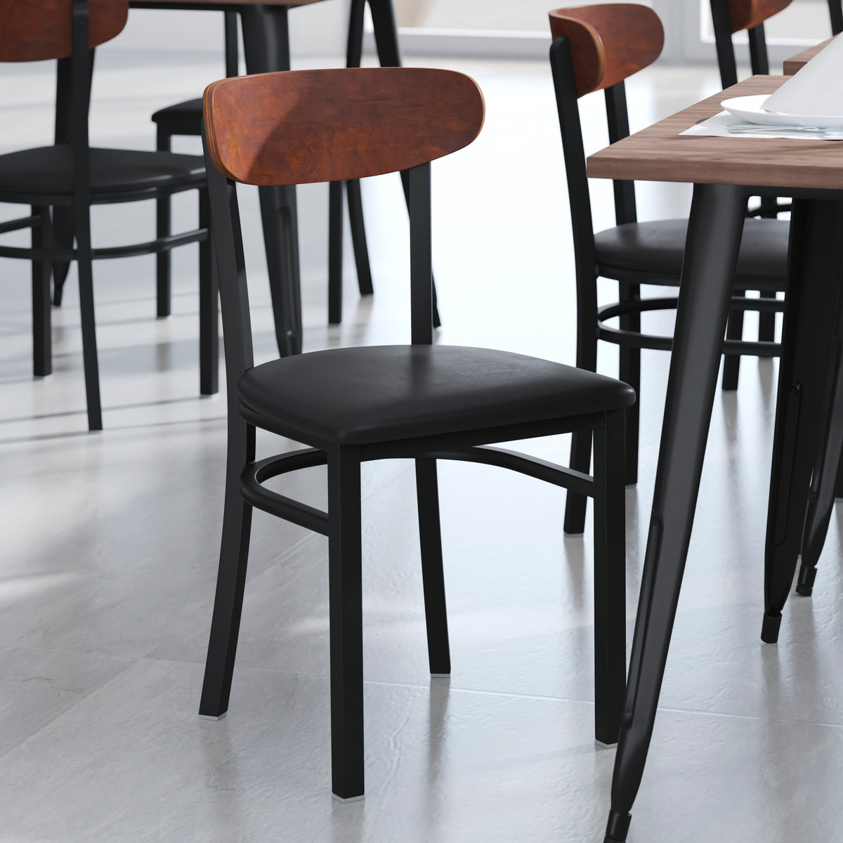 Wright Commercial Grade Dining Chair with 500 LB. Capacity Steel Frame, Solid Wood Seat, and Boomerang Back