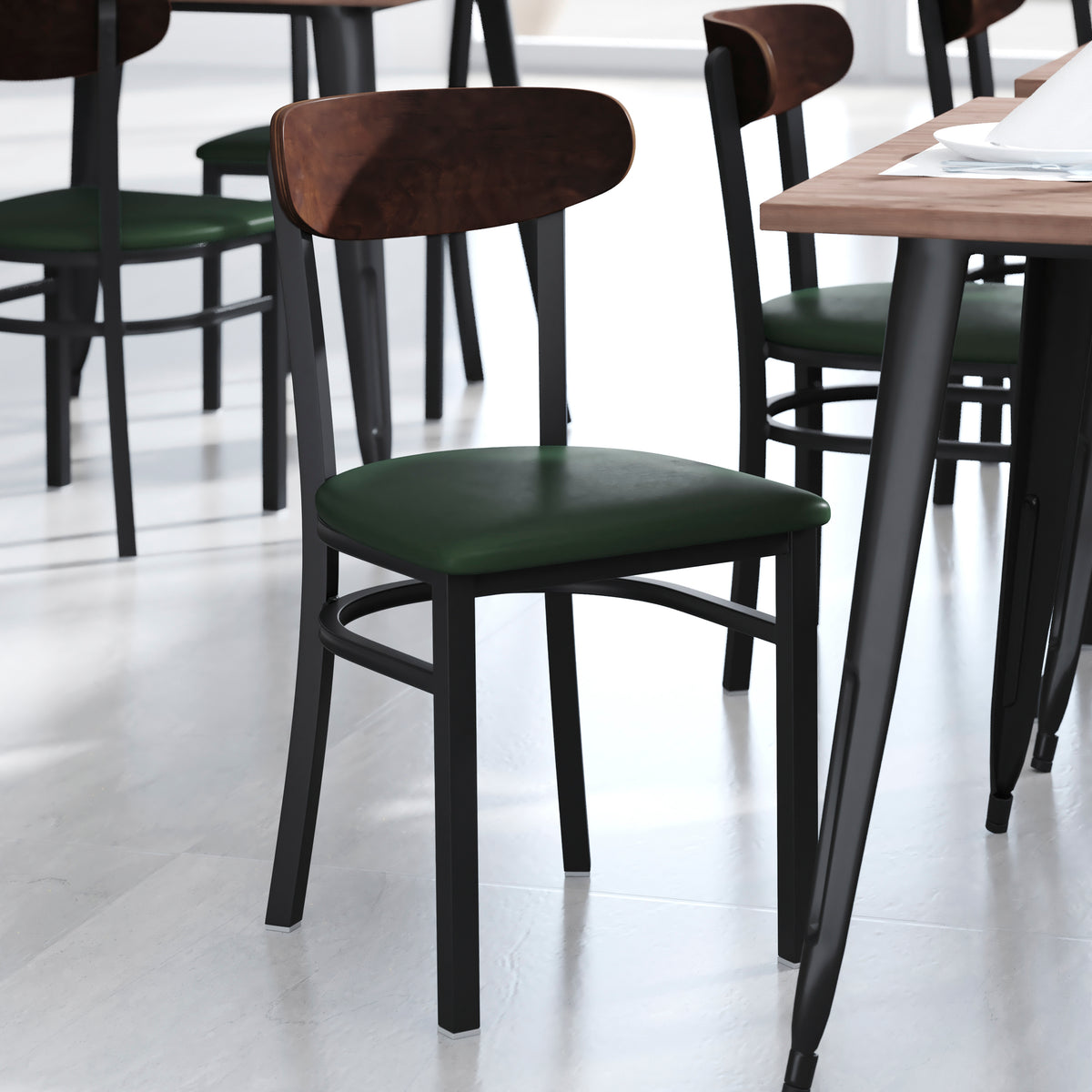 Wright Commercial Grade Dining Chair with 500 LB. Capacity Steel Frame, Solid Wood Seat, and Boomerang Back