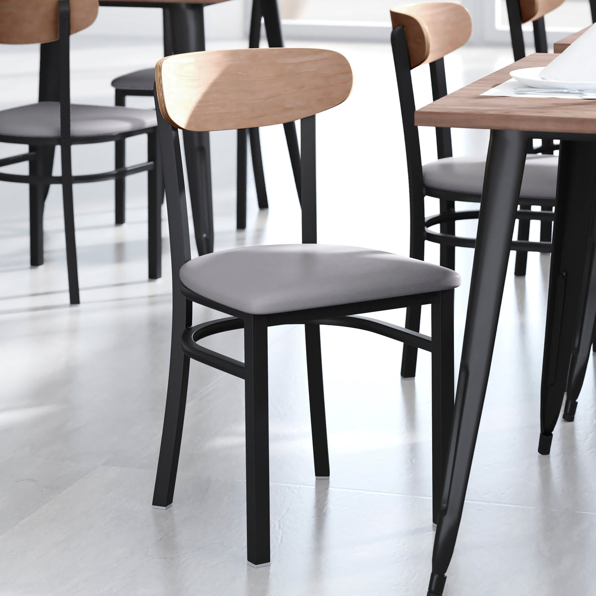Wright Commercial Grade Dining Chair with 500 LB. Capacity Steel Frame, Solid Wood Seat, and Boomerang Back