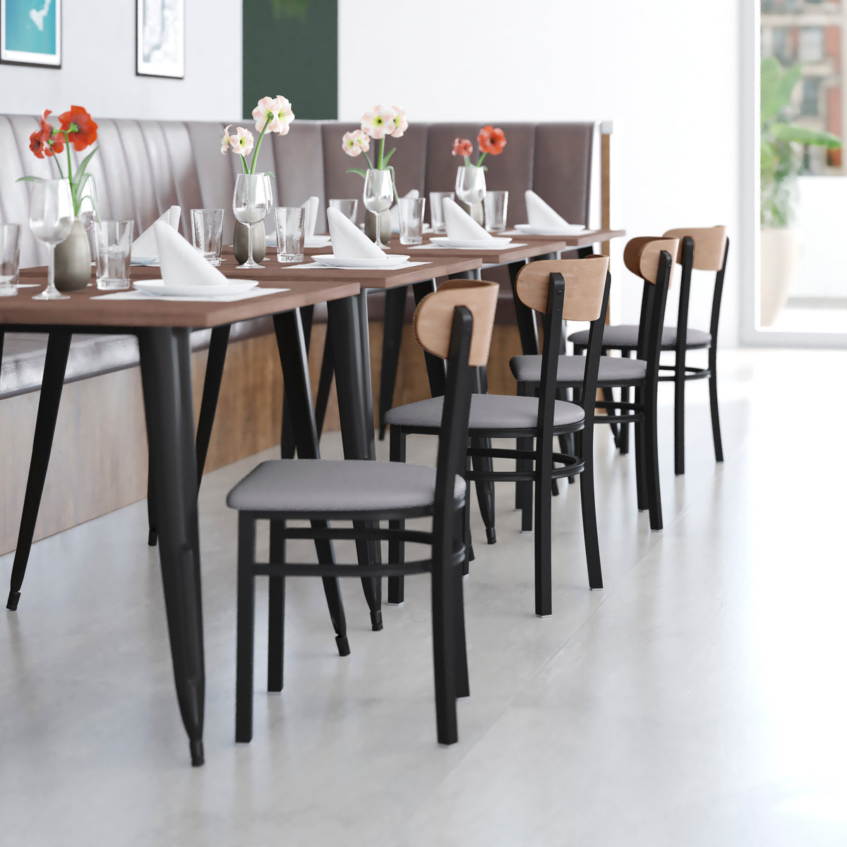 Wright Commercial Grade Dining Chair with 500 LB. Capacity Steel Frame, Solid Wood Seat, and Boomerang Back