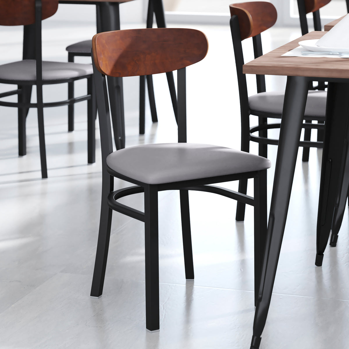 Wright Commercial Grade Dining Chair with 500 LB. Capacity Steel Frame, Solid Wood Seat, and Boomerang Back