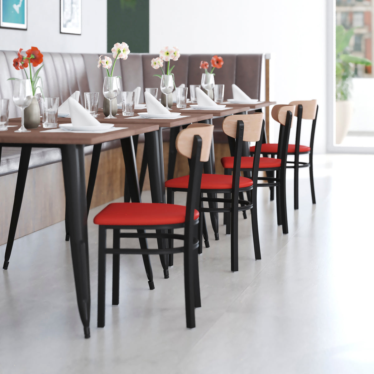 Wright Commercial Grade Dining Chair with 500 LB. Capacity Steel Frame, Solid Wood Seat, and Boomerang Back