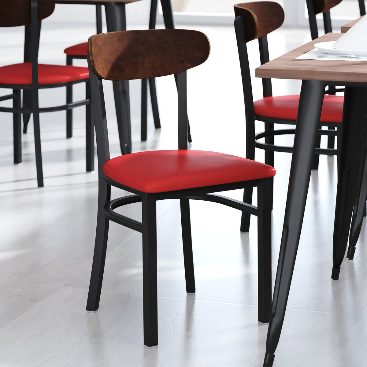 Wright Commercial Grade Dining Chair with 500 LB. Capacity Steel Frame, Solid Wood Seat, and Boomerang Back
