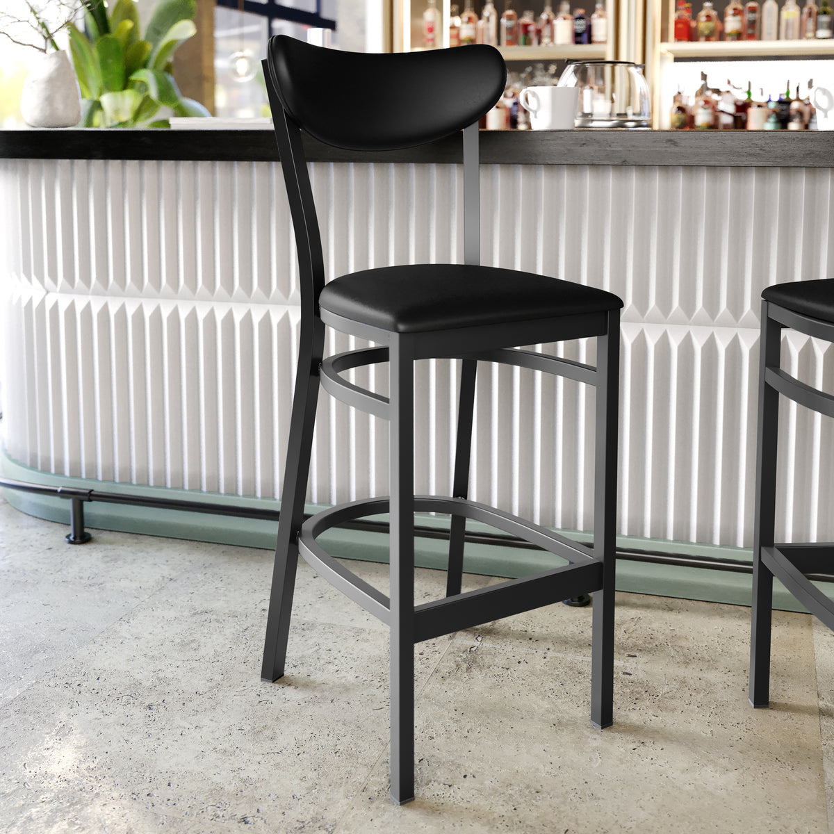 Wright Commercial Grade Barstool with 500 LB. Capacity Steel Frame, Solid Wood Seat, and Boomerang Back