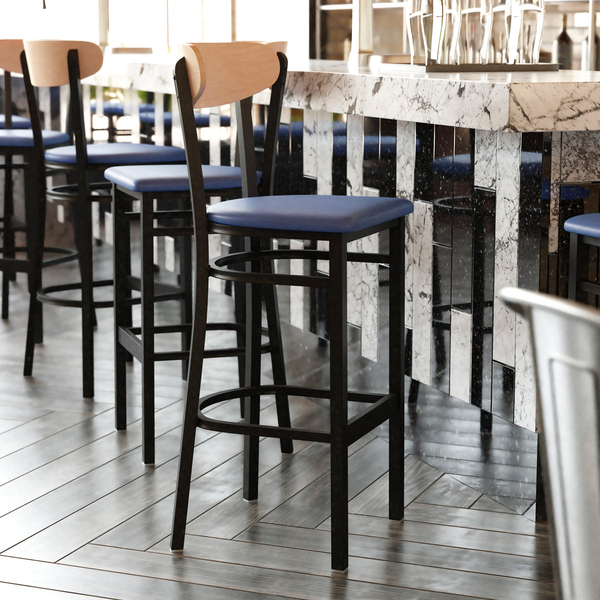 Wright Commercial Grade Barstool with 500 LB. Capacity Steel Frame, Solid Wood Seat, and Boomerang Back