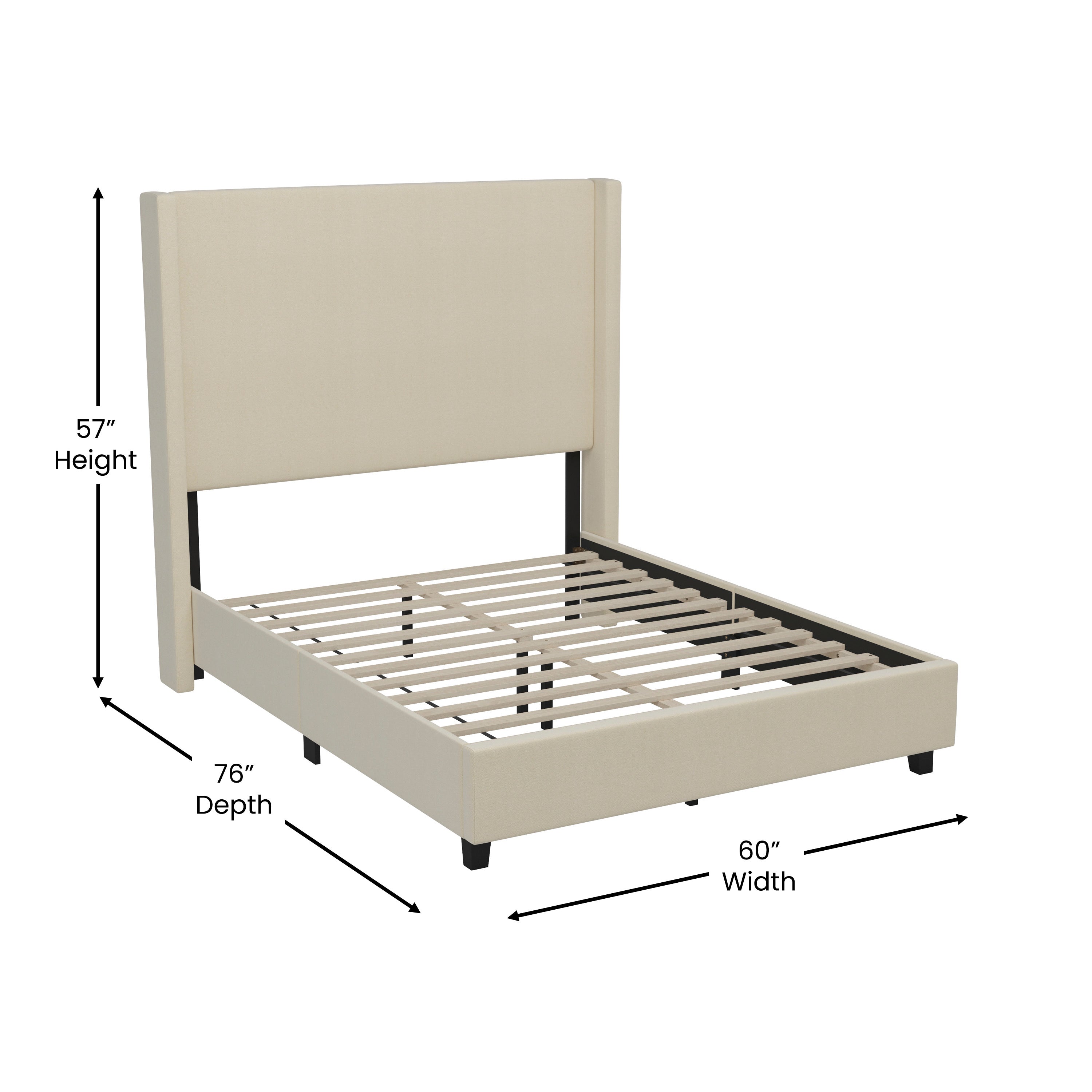 Quinn Upholstered Platform Bed with Channel Stitched Wingback Headboard, Mattress Foundation with Slatted Supports, No Box Spring Needed