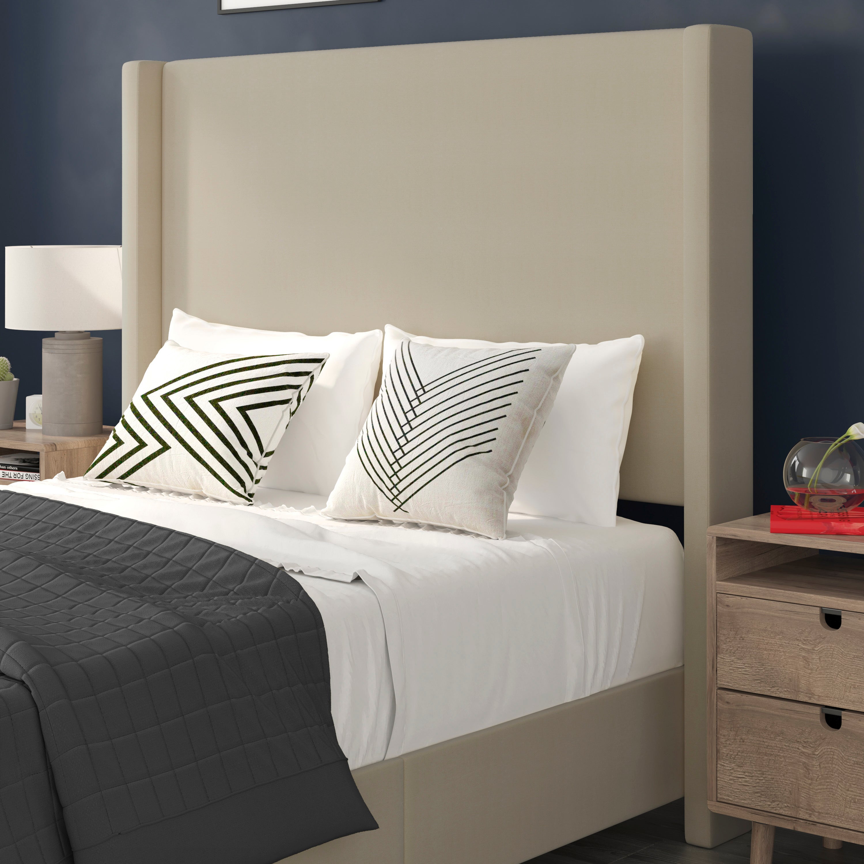 Quinn Upholstered Platform Bed with Channel Stitched Wingback Headboard, Mattress Foundation with Slatted Supports, No Box Spring Needed