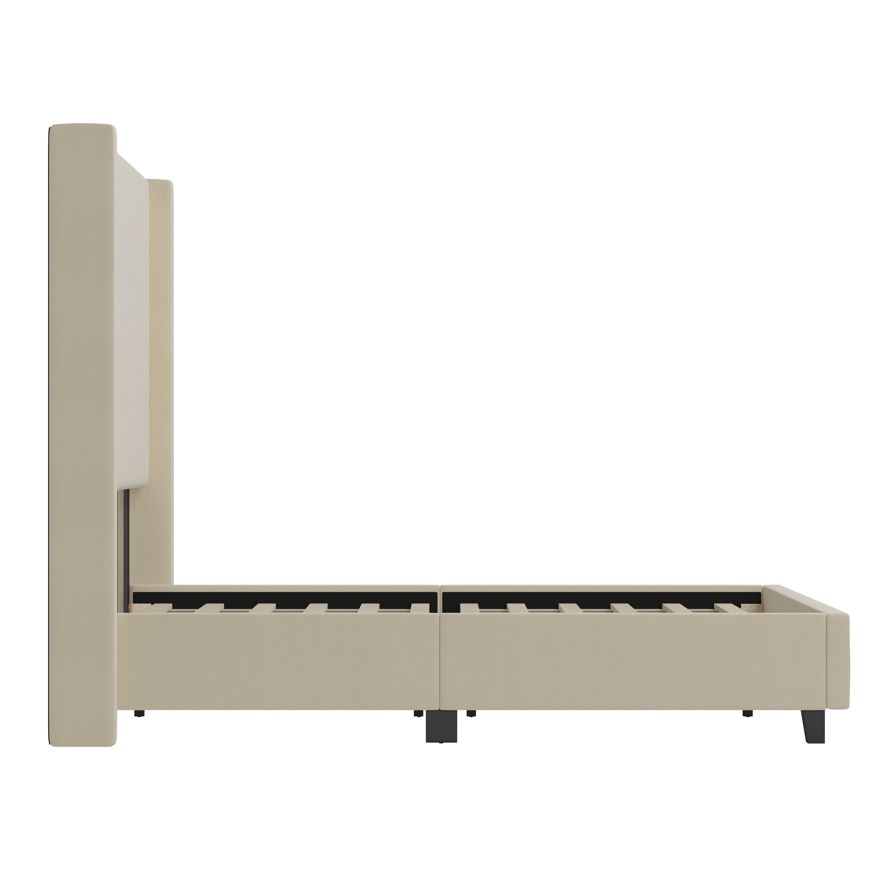 Quinn Upholstered Platform Bed with Channel Stitched Wingback Headboard, Mattress Foundation with Slatted Supports, No Box Spring Needed
