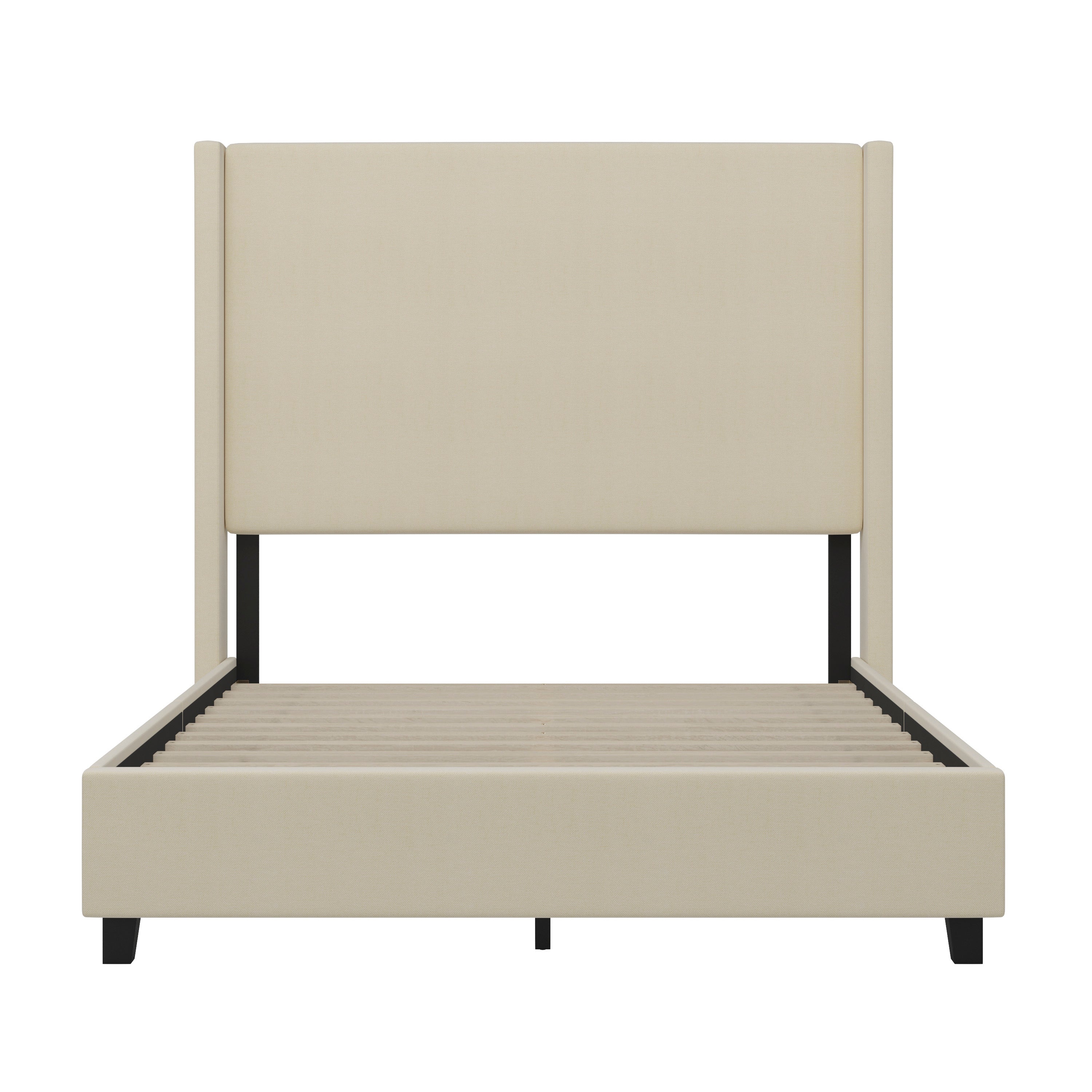 Quinn Upholstered Platform Bed with Channel Stitched Wingback Headboard, Mattress Foundation with Slatted Supports, No Box Spring Needed