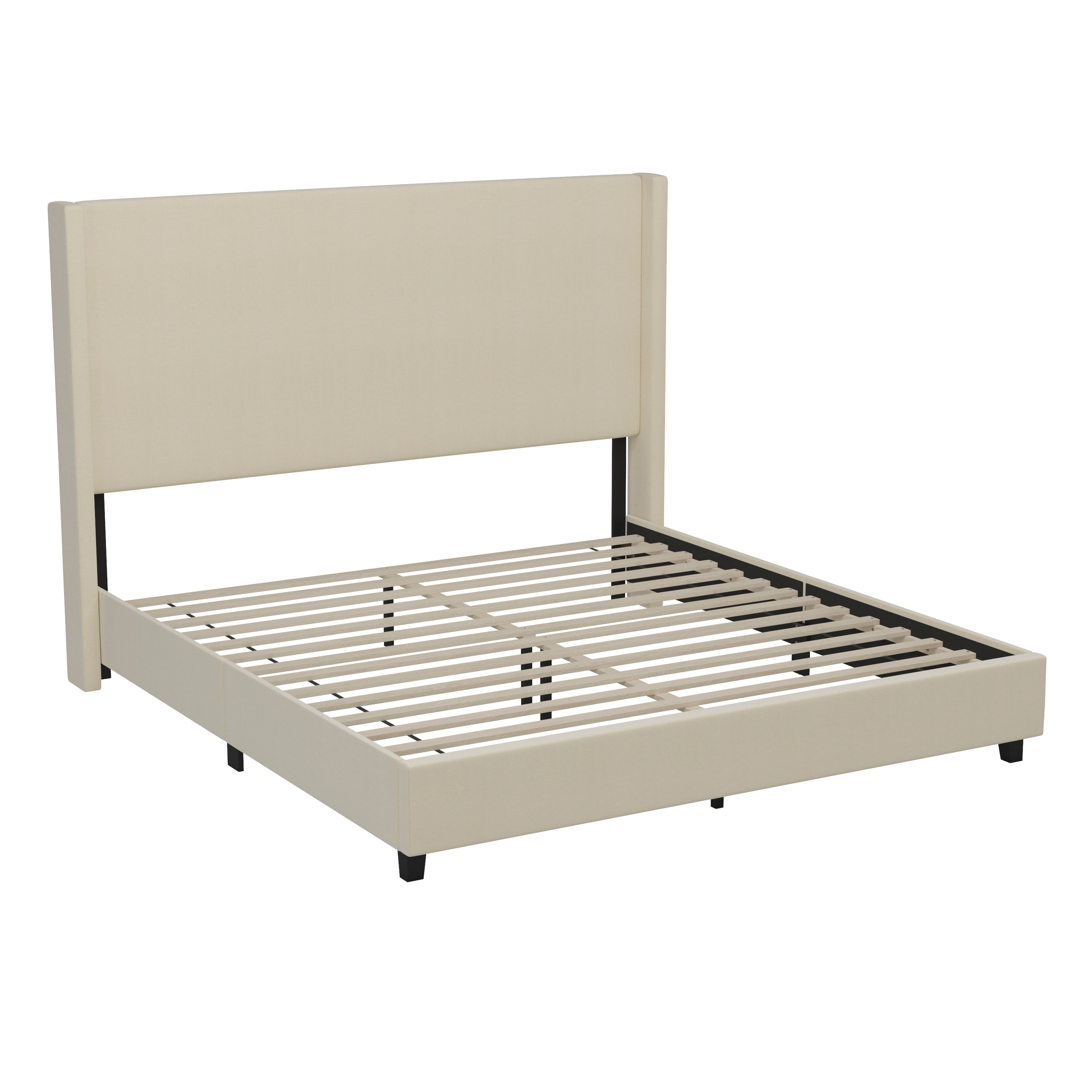 Quinn Upholstered Platform Bed with Channel Stitched Wingback Headboard, Mattress Foundation with Slatted Supports, No Box Spring Needed