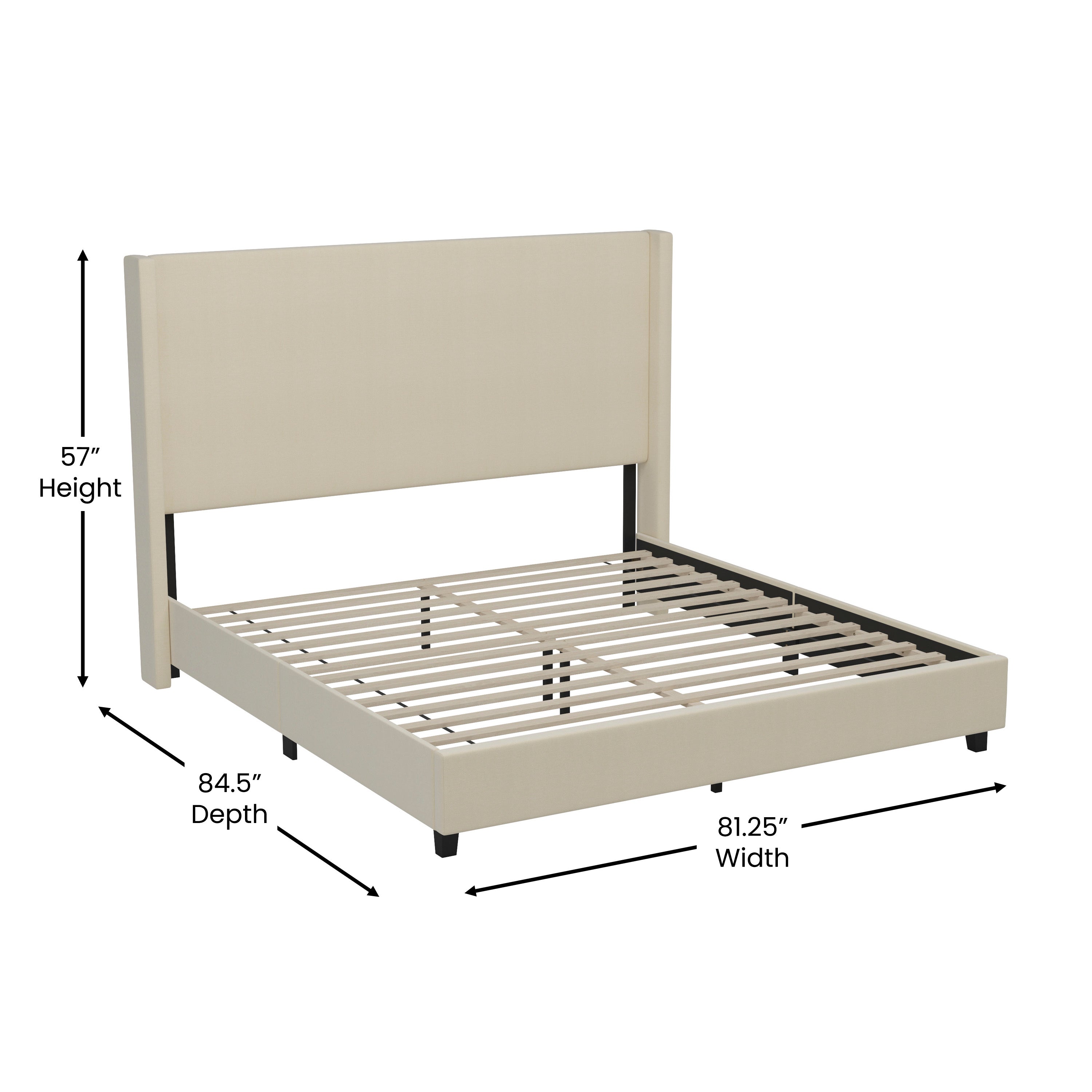 Quinn Upholstered Platform Bed with Channel Stitched Wingback Headboard, Mattress Foundation with Slatted Supports, No Box Spring Needed