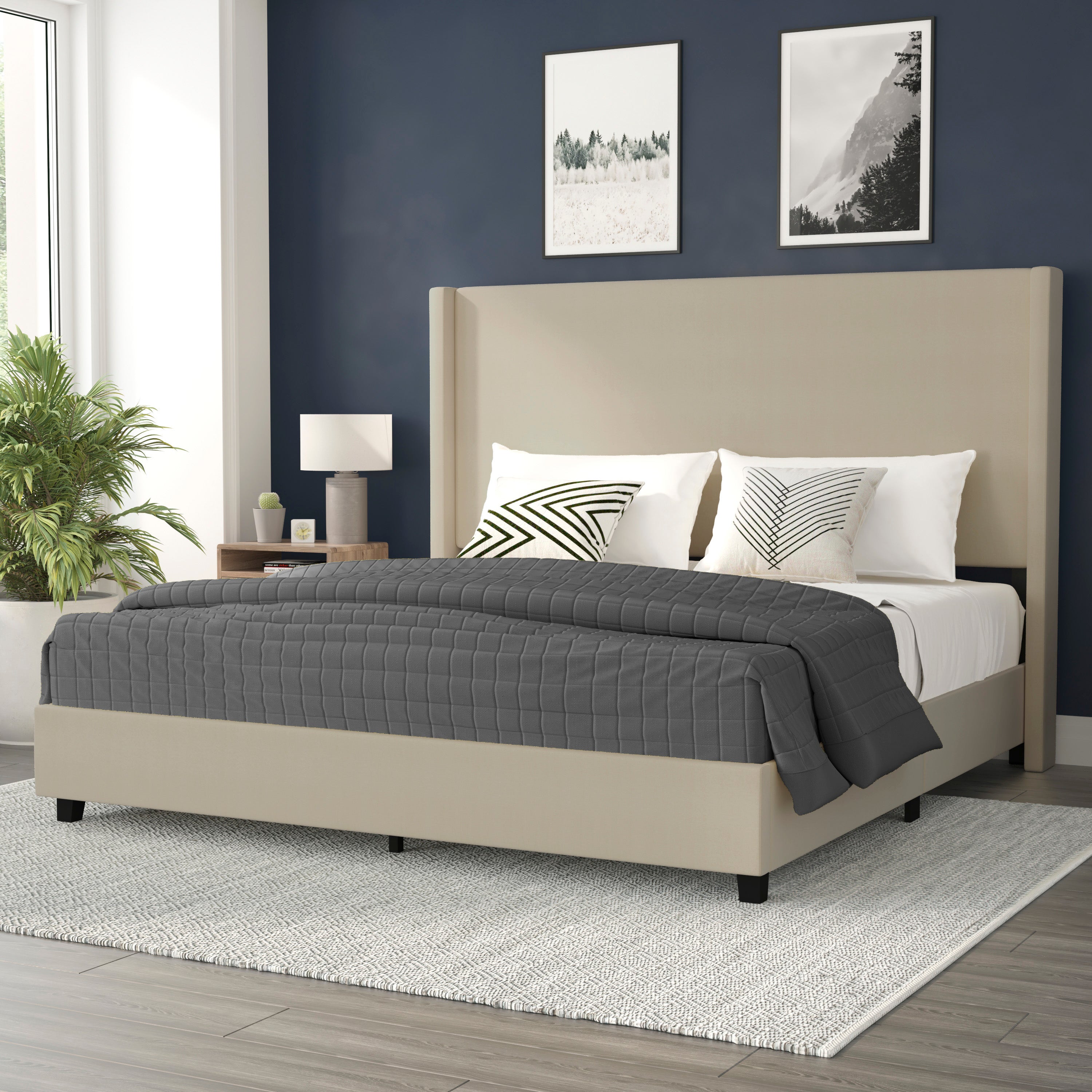 Quinn Upholstered Platform Bed with Channel Stitched Wingback Headboard, Mattress Foundation with Slatted Supports, No Box Spring Needed