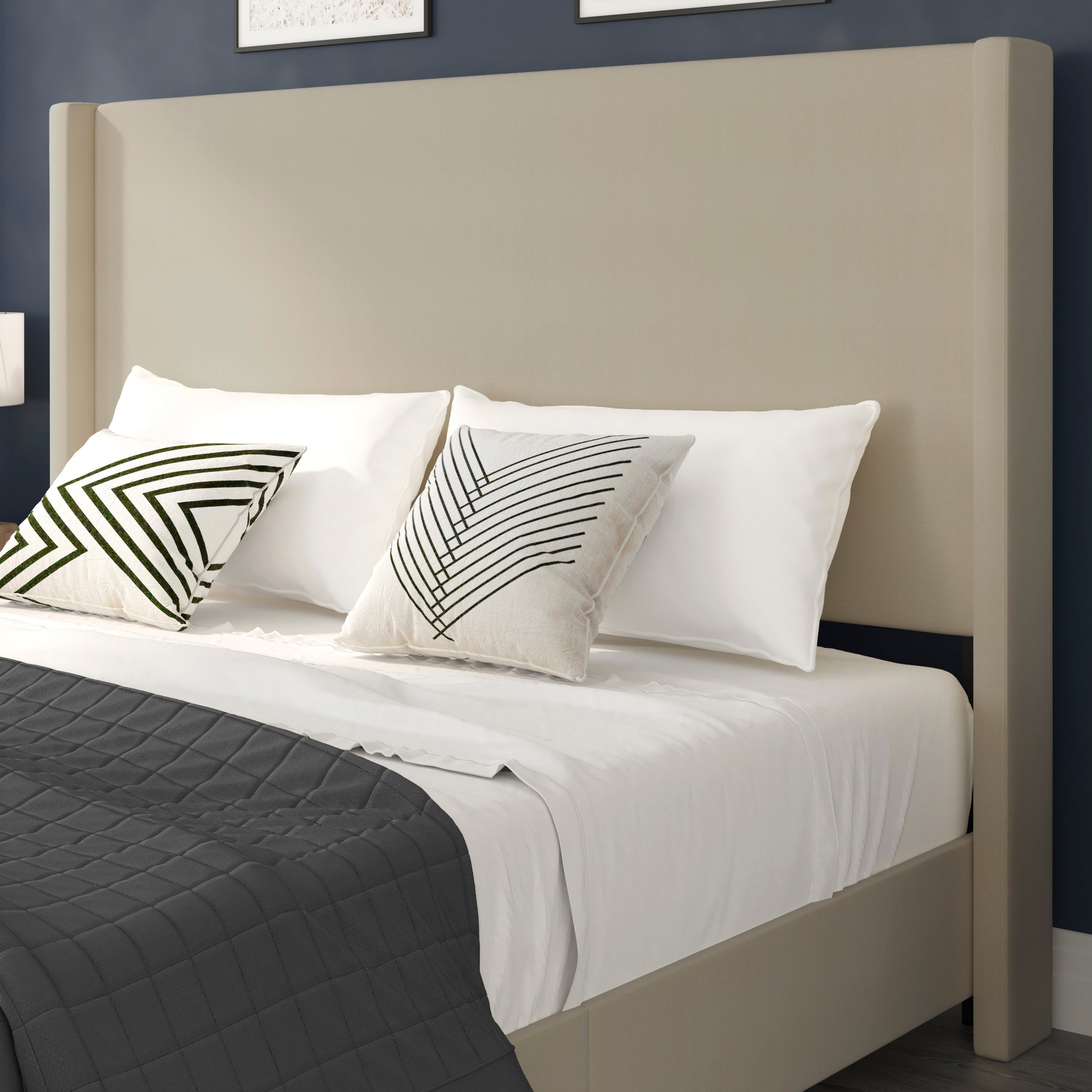 Quinn Upholstered Platform Bed with Channel Stitched Wingback Headboard, Mattress Foundation with Slatted Supports, No Box Spring Needed