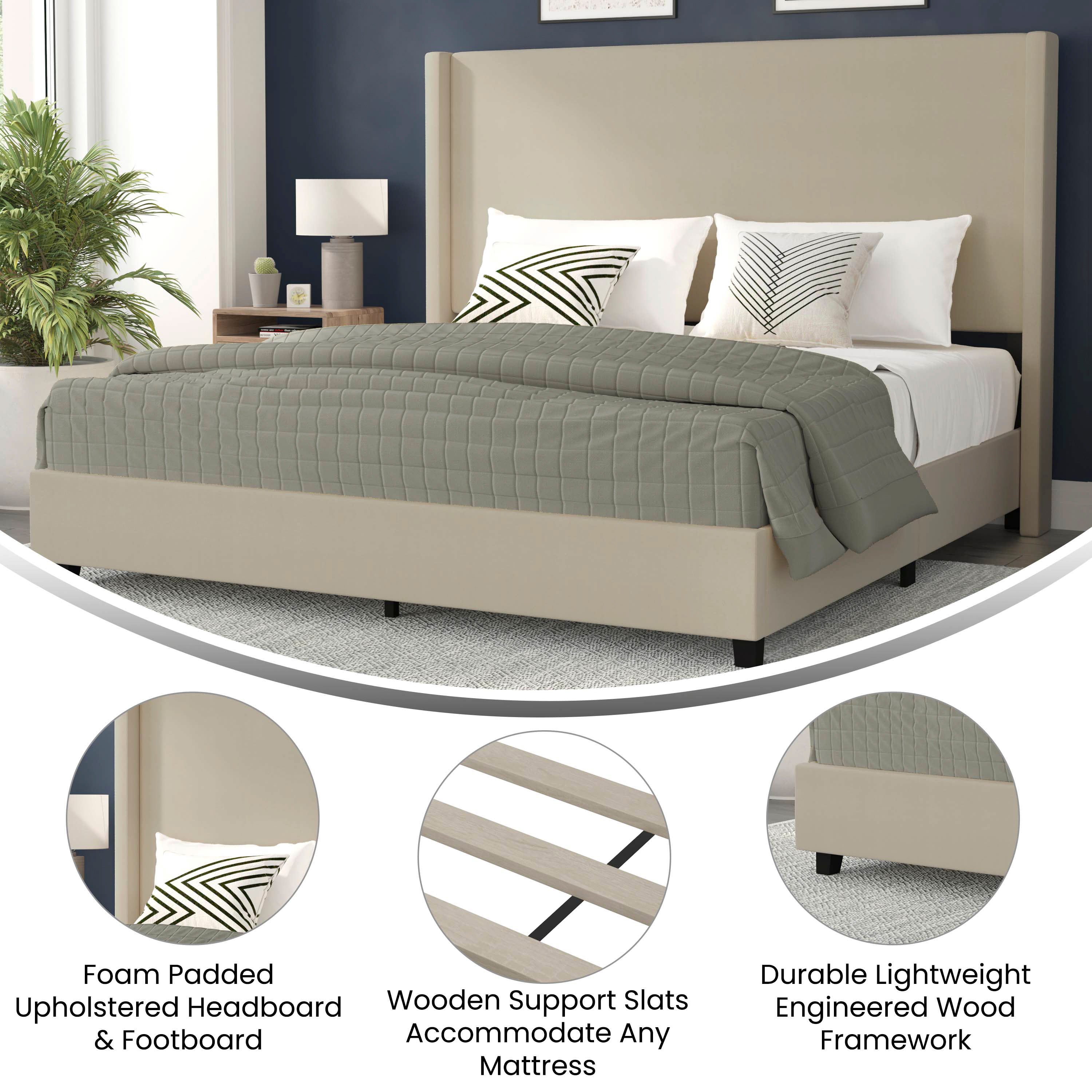 Quinn Upholstered Platform Bed with Channel Stitched Wingback Headboard, Mattress Foundation with Slatted Supports, No Box Spring Needed