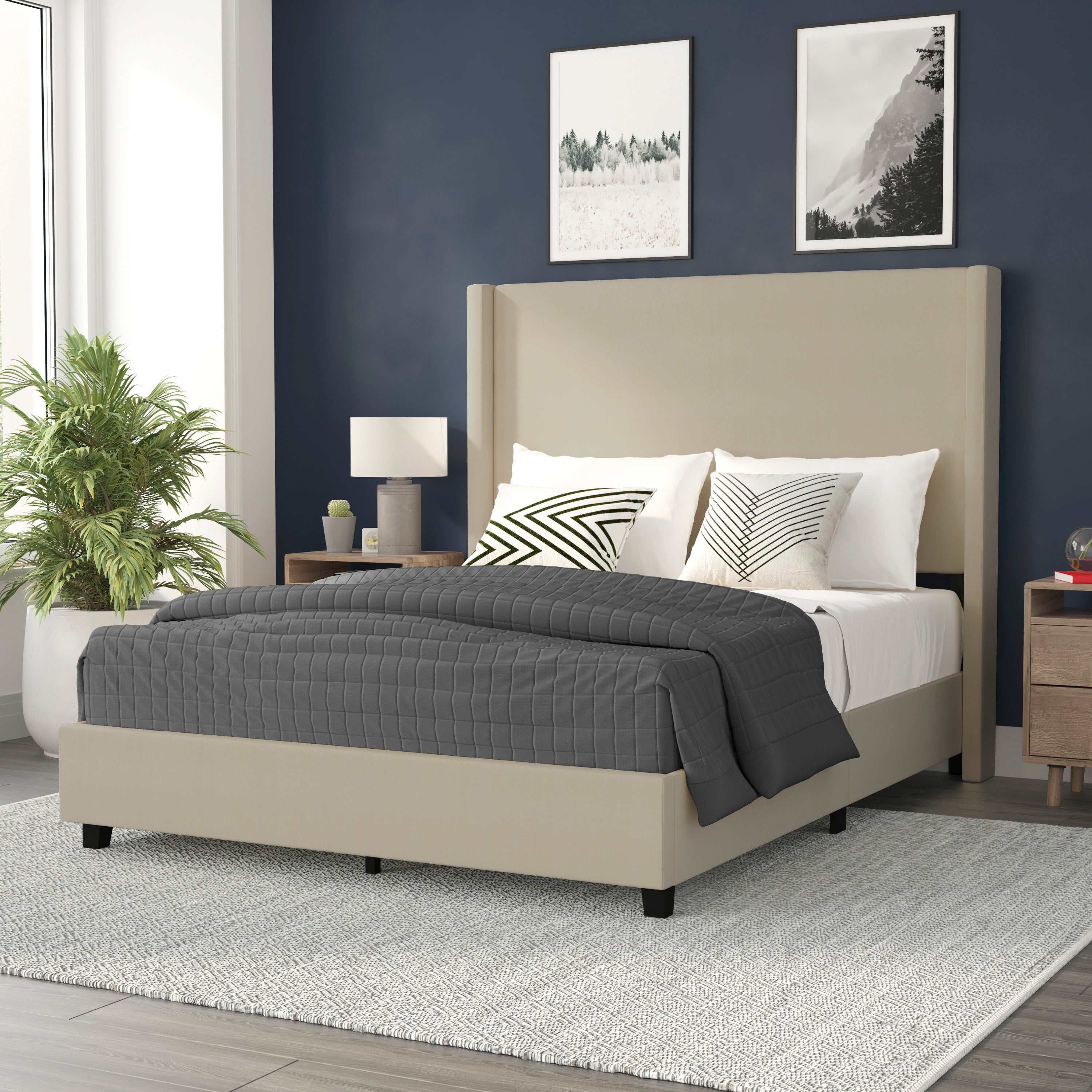 Quinn Upholstered Platform Bed with Channel Stitched Wingback Headboard, Mattress Foundation with Slatted Supports, No Box Spring Needed
