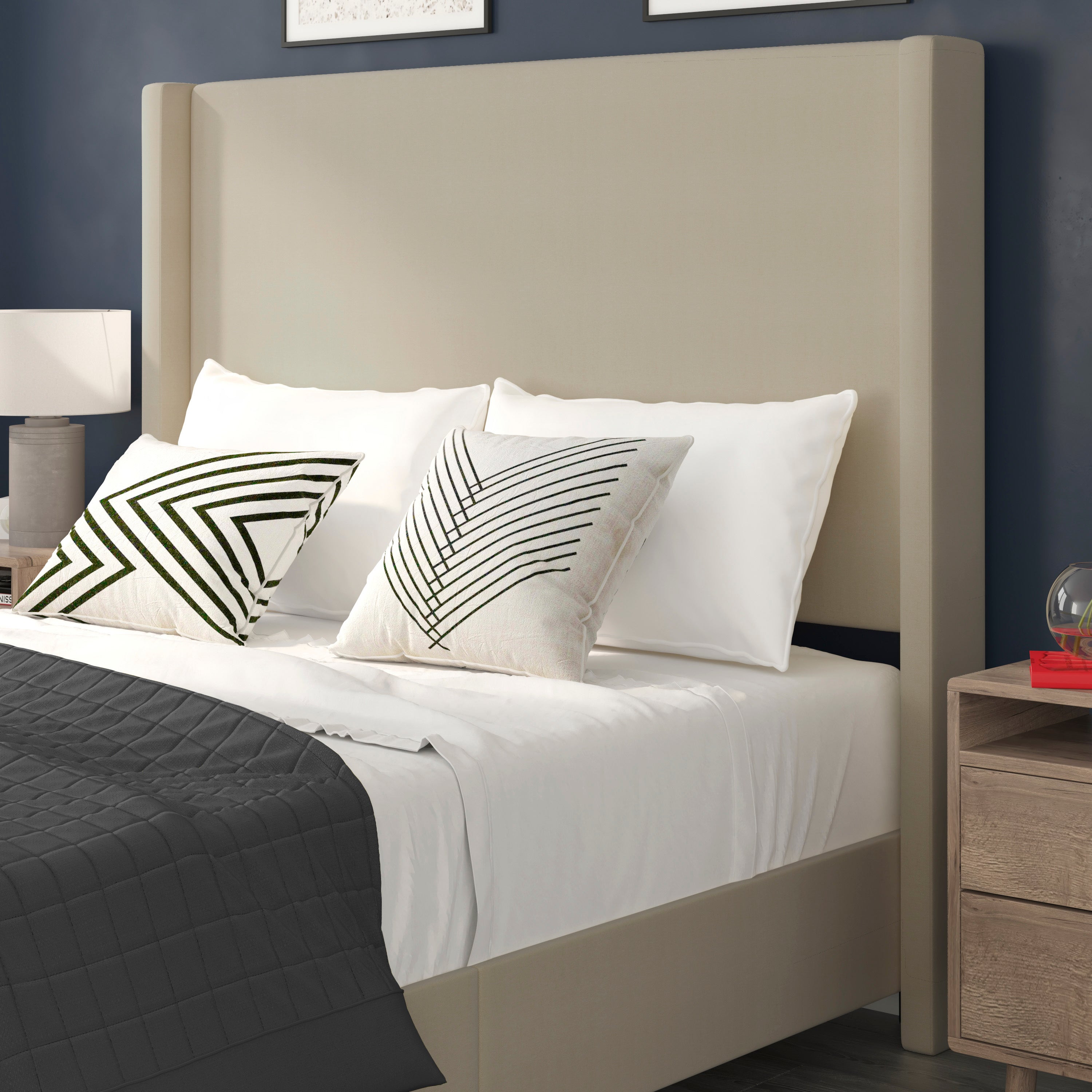 Quinn Upholstered Platform Bed with Channel Stitched Wingback Headboard, Mattress Foundation with Slatted Supports, No Box Spring Needed