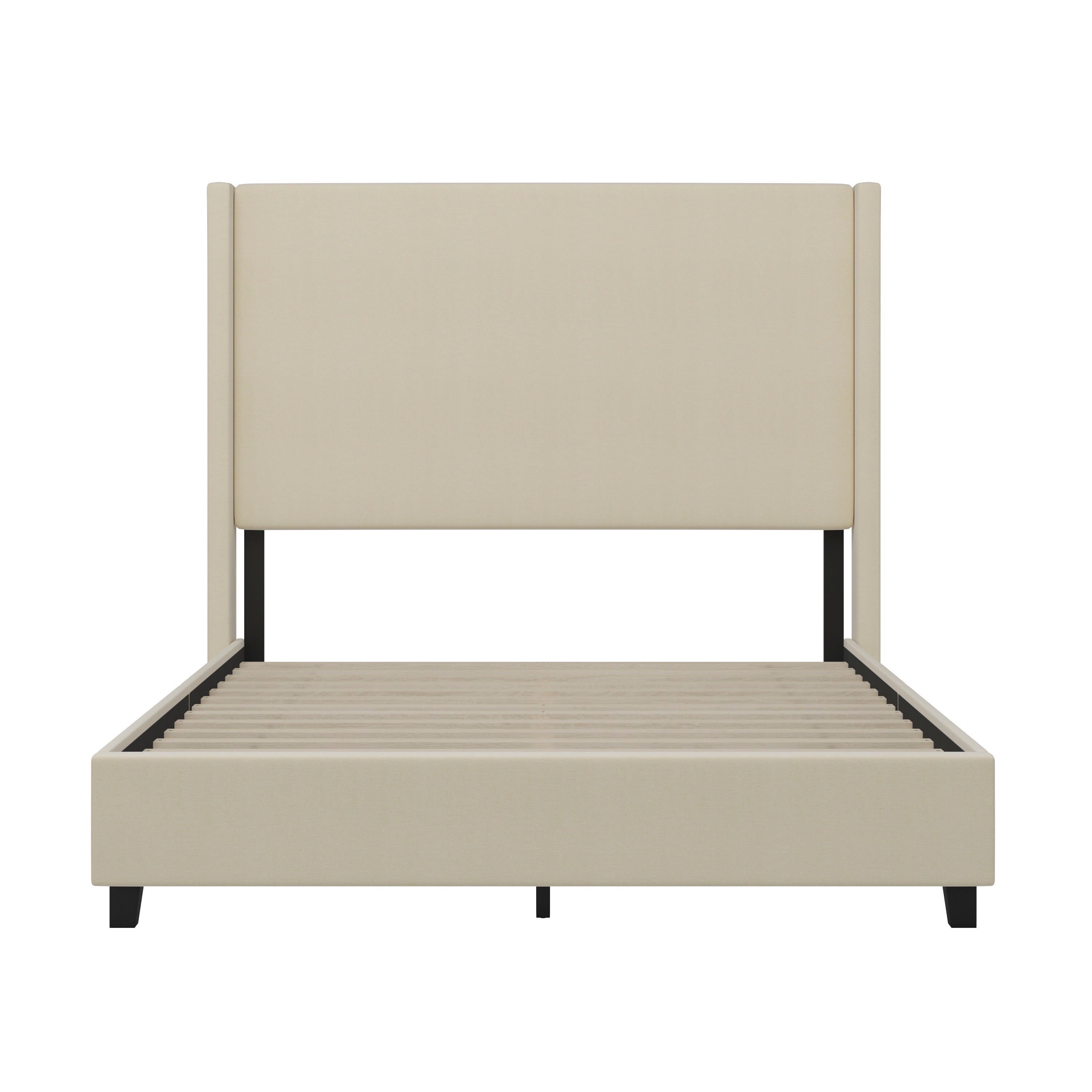 Quinn Upholstered Platform Bed with Channel Stitched Wingback Headboard, Mattress Foundation with Slatted Supports, No Box Spring Needed
