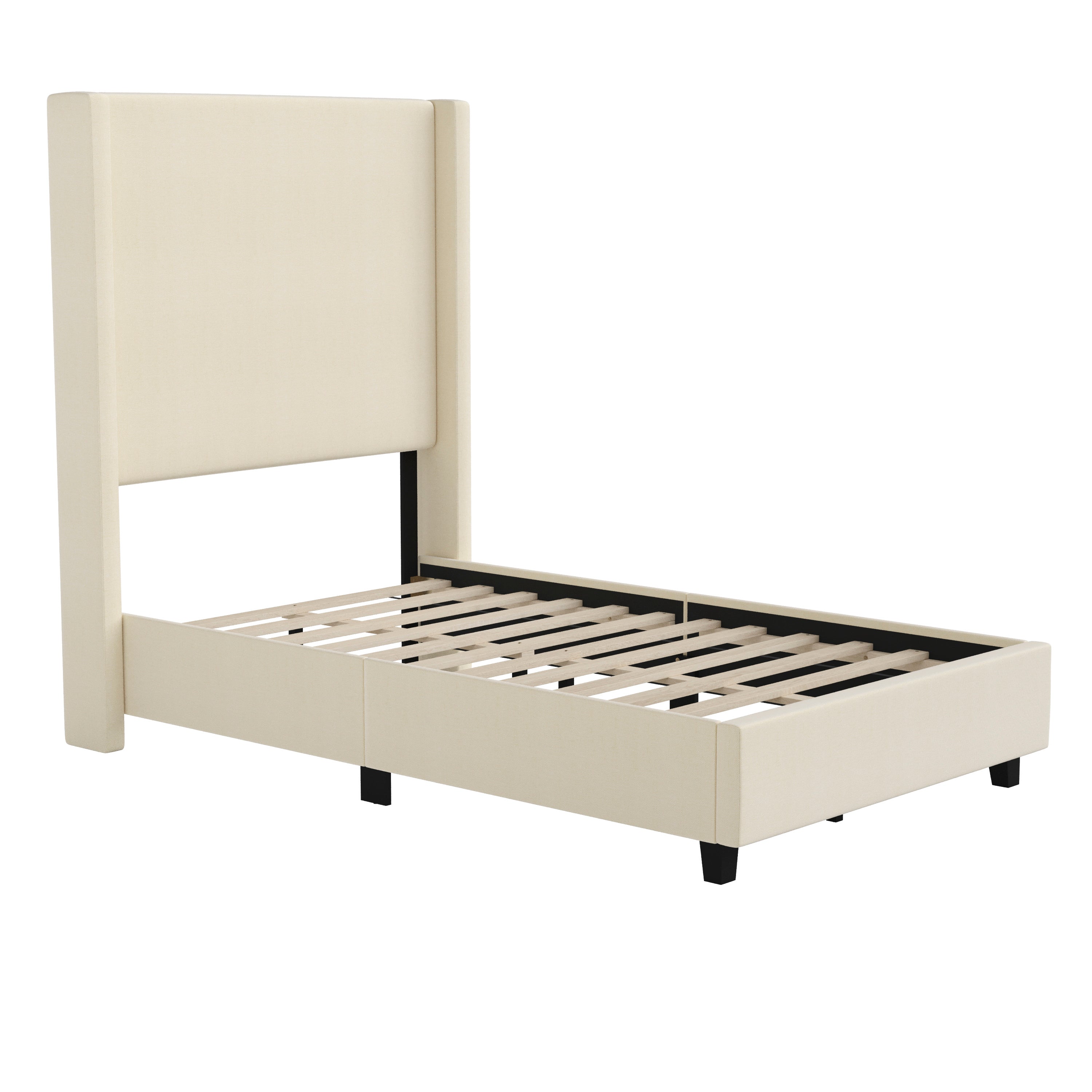 Quinn Upholstered Platform Bed with Channel Stitched Wingback Headboard, Mattress Foundation with Slatted Supports, No Box Spring Needed
