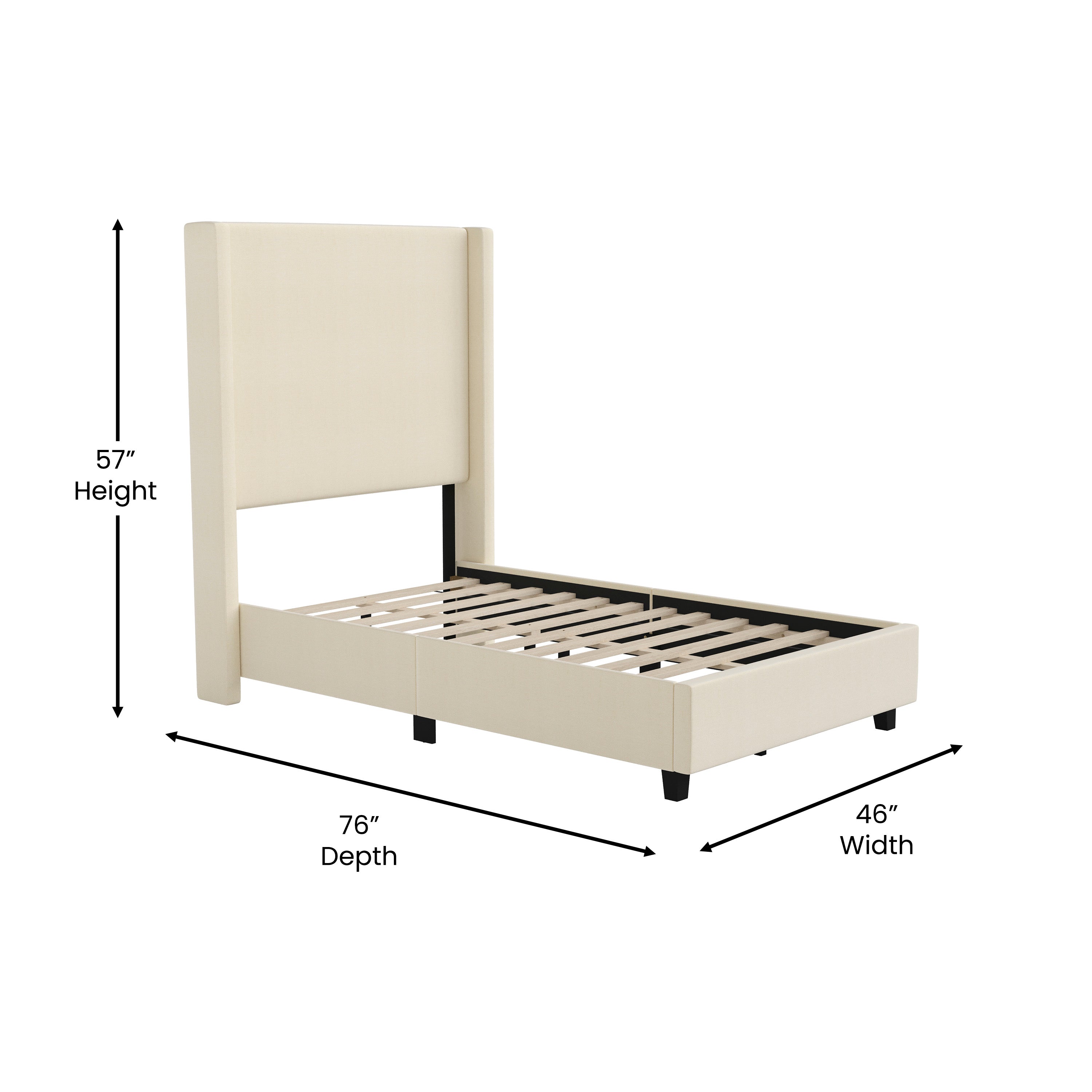 Quinn Upholstered Platform Bed with Channel Stitched Wingback Headboard, Mattress Foundation with Slatted Supports, No Box Spring Needed