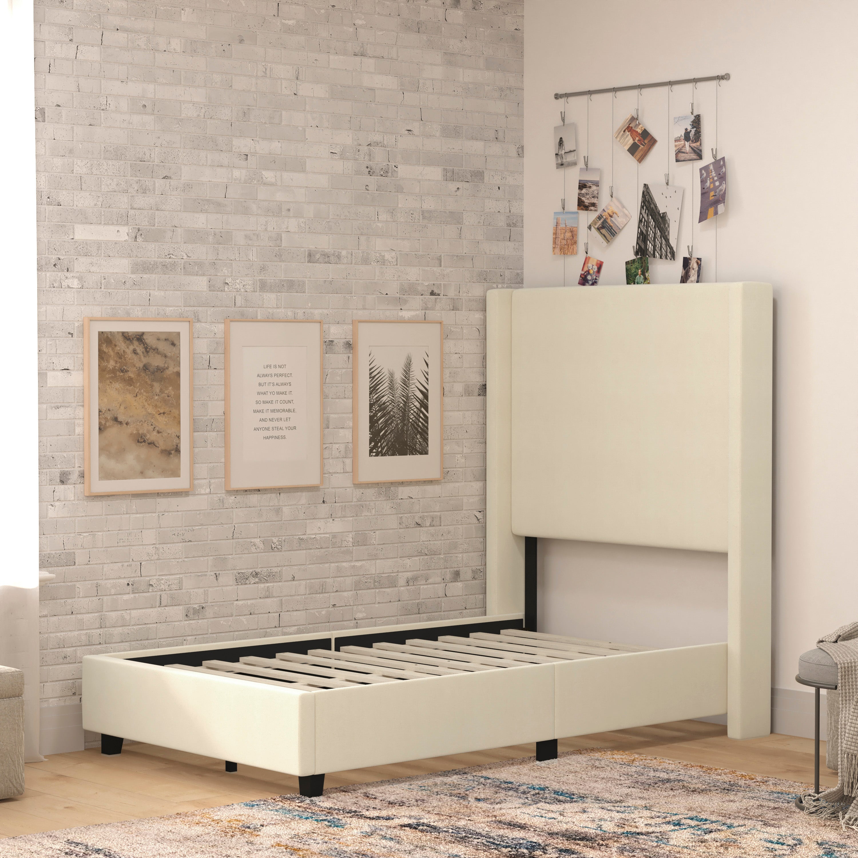 Quinn Upholstered Platform Bed with Channel Stitched Wingback Headboard, Mattress Foundation with Slatted Supports, No Box Spring Needed