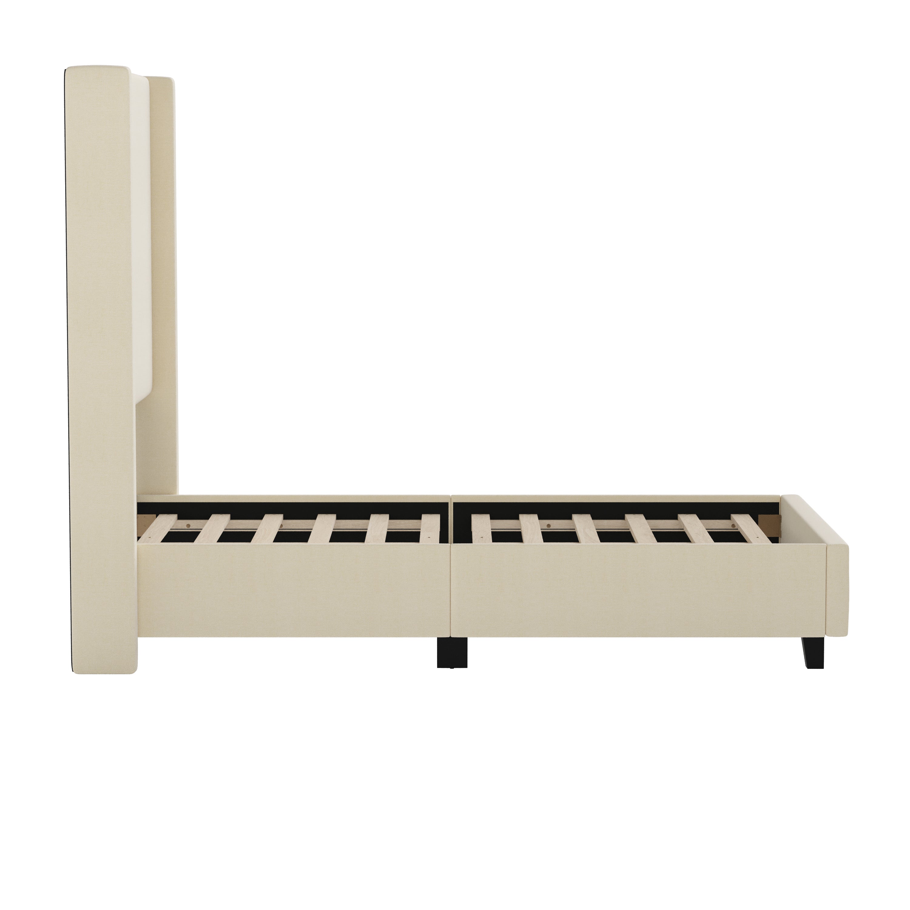 Quinn Upholstered Platform Bed with Channel Stitched Wingback Headboard, Mattress Foundation with Slatted Supports, No Box Spring Needed