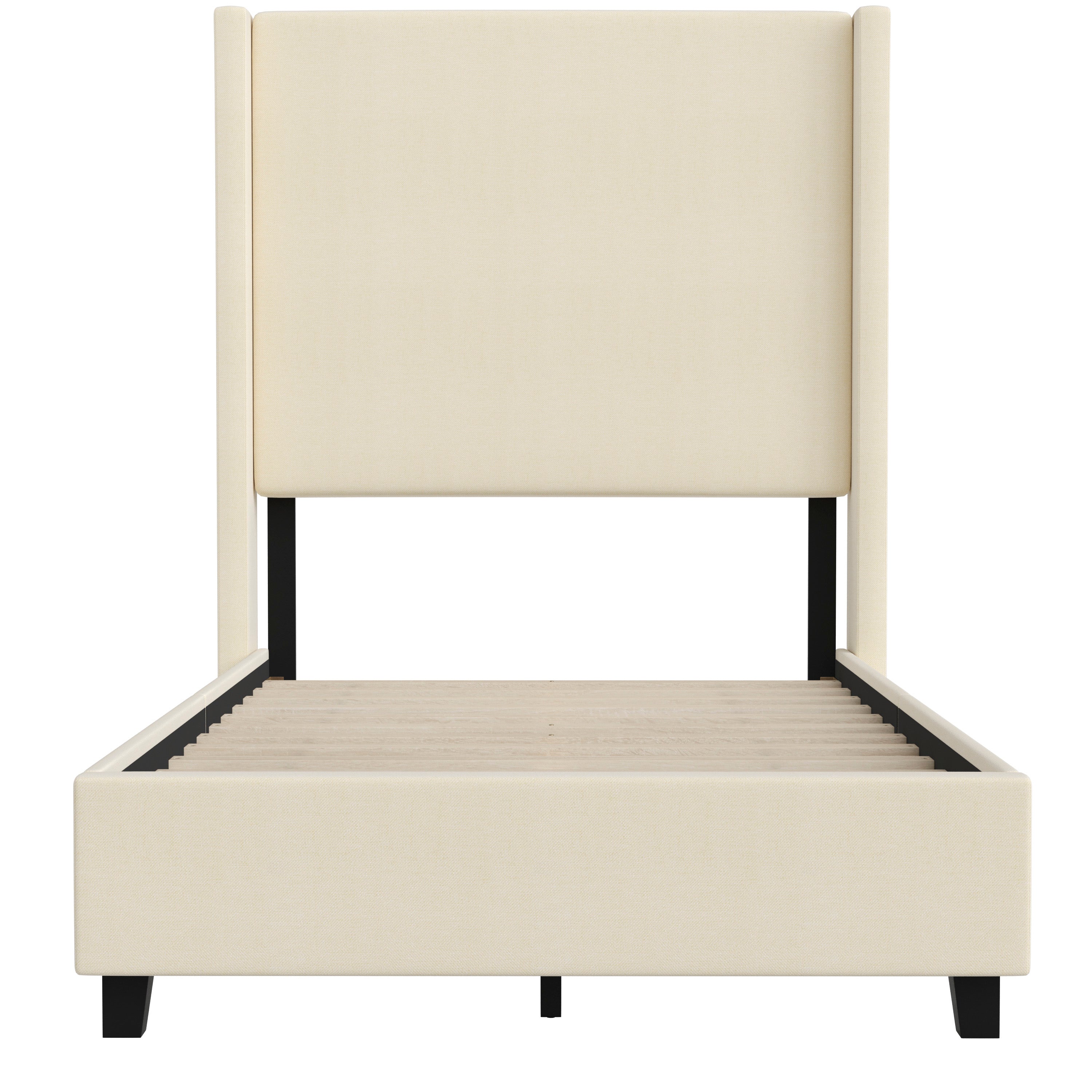 Quinn Upholstered Platform Bed with Channel Stitched Wingback Headboard, Mattress Foundation with Slatted Supports, No Box Spring Needed
