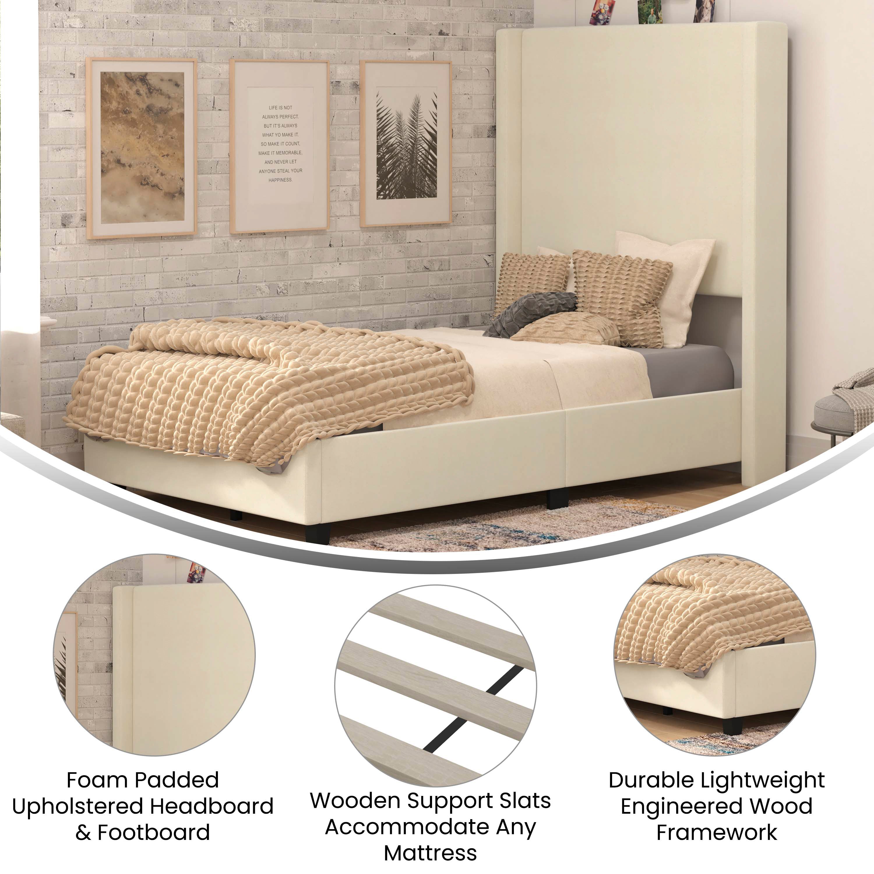Quinn Upholstered Platform Bed with Channel Stitched Wingback Headboard, Mattress Foundation with Slatted Supports, No Box Spring Needed