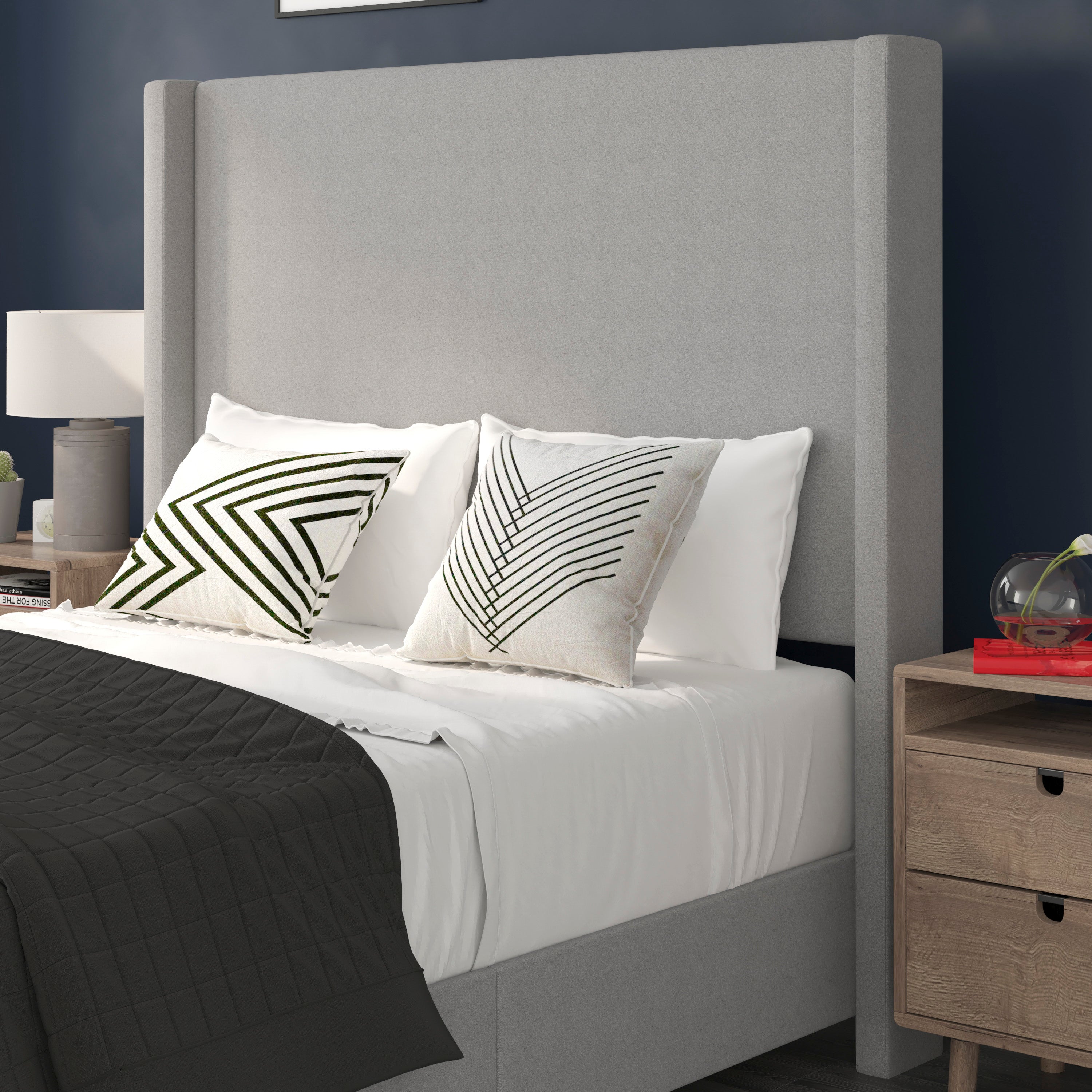 Quinn Upholstered Platform Bed with Channel Stitched Wingback Headboard, Mattress Foundation with Slatted Supports, No Box Spring Needed