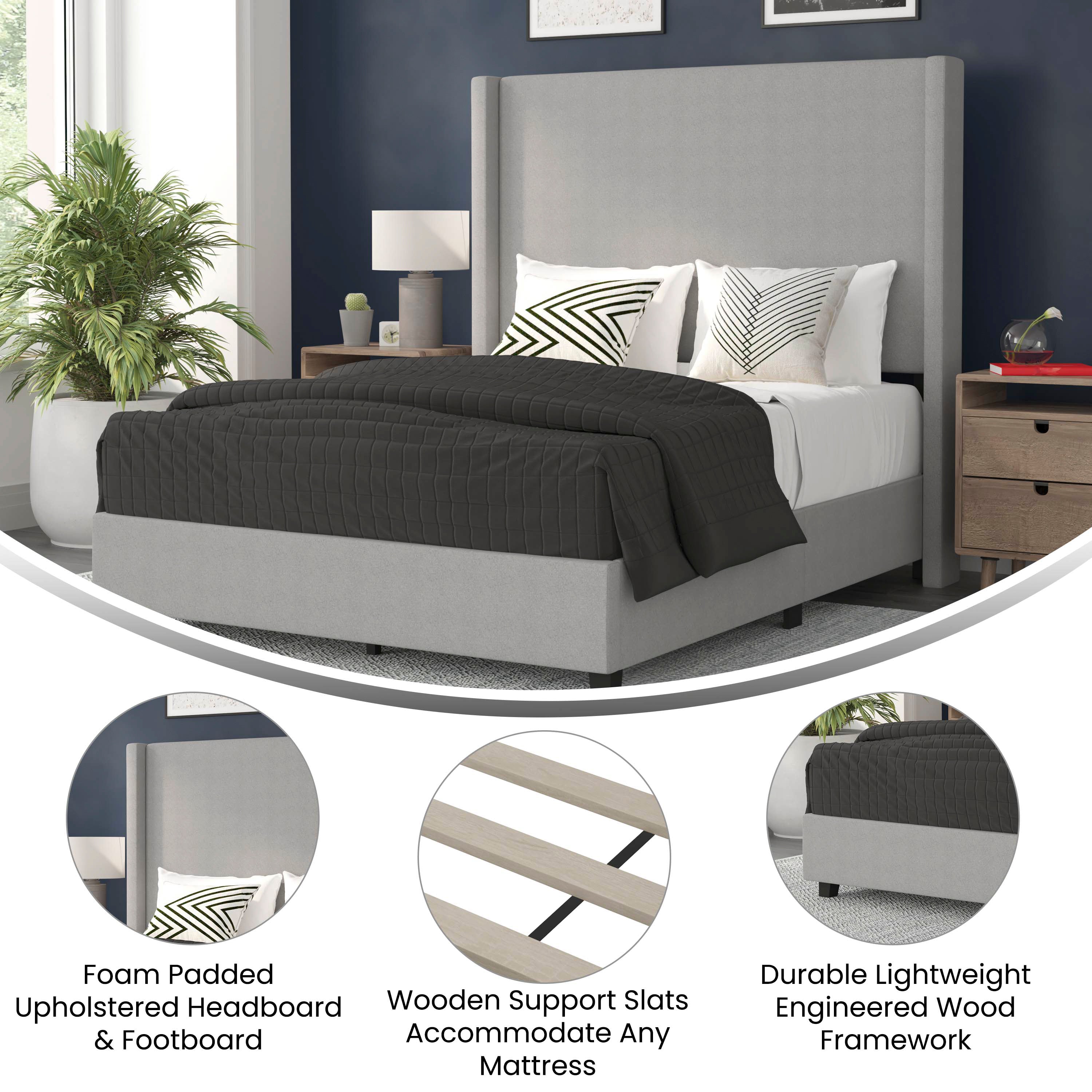 Quinn Upholstered Platform Bed with Channel Stitched Wingback Headboard, Mattress Foundation with Slatted Supports, No Box Spring Needed