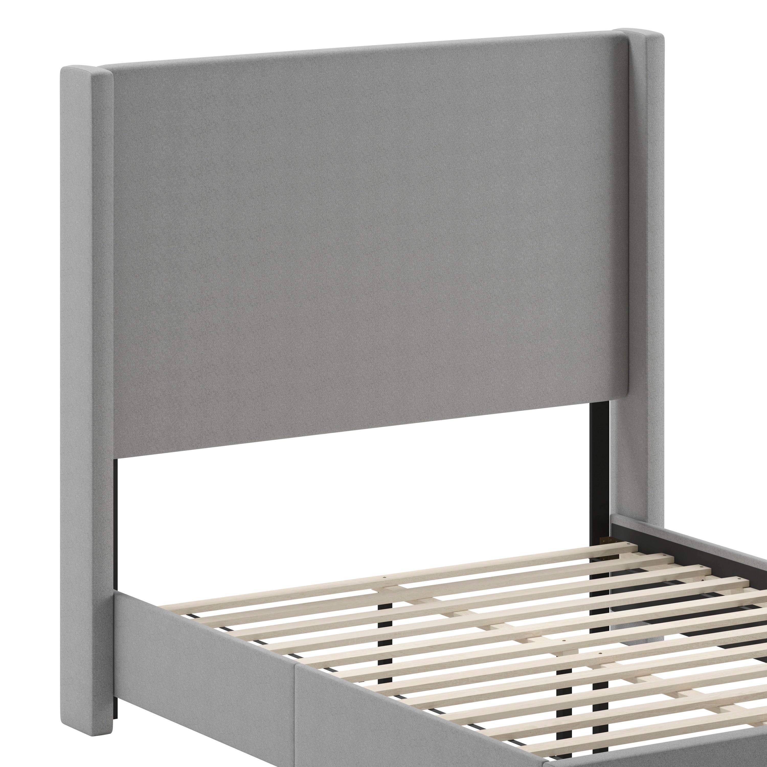 Quinn Upholstered Platform Bed with Channel Stitched Wingback Headboard, Mattress Foundation with Slatted Supports, No Box Spring Needed
