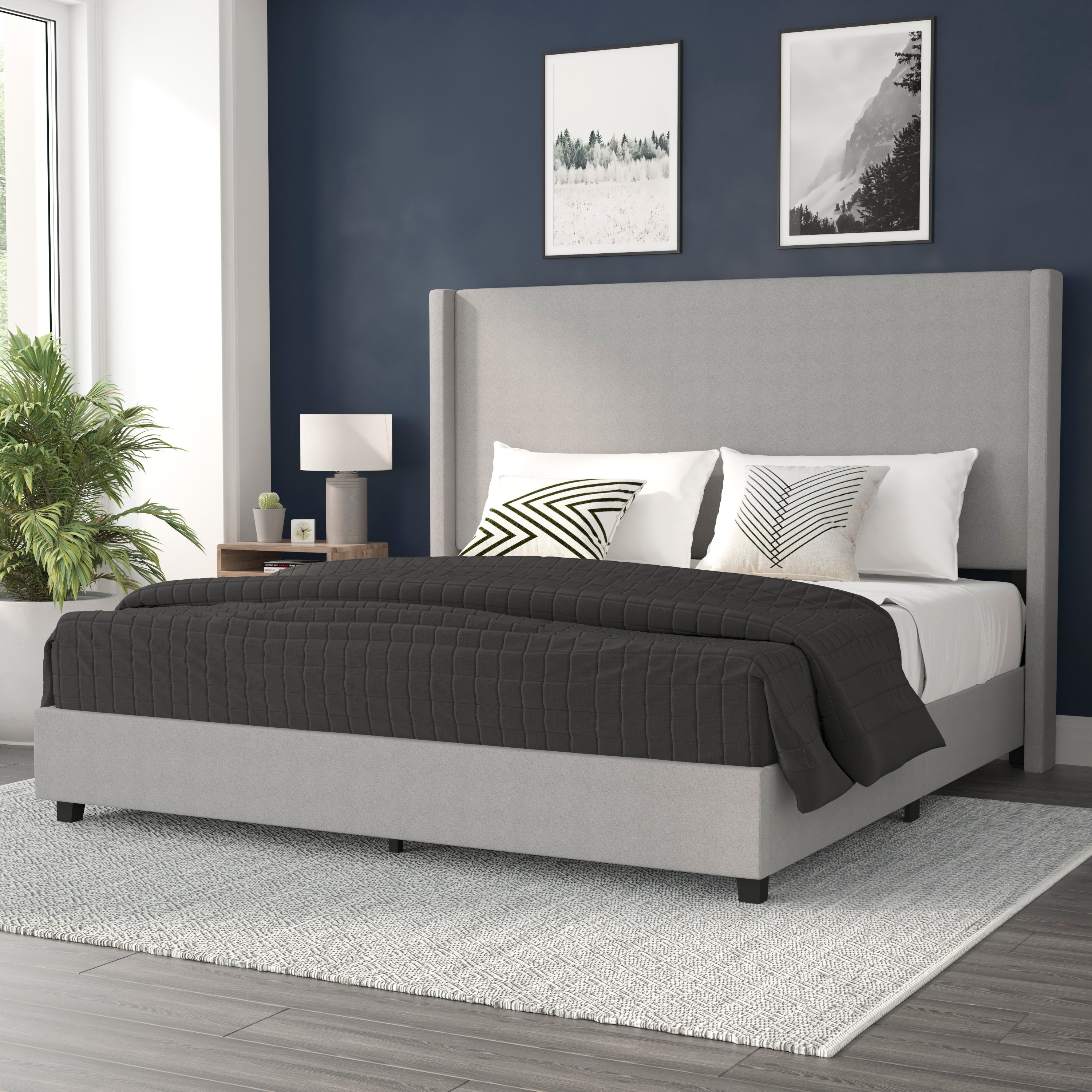 Quinn Upholstered Platform Bed with Channel Stitched Wingback Headboard, Mattress Foundation with Slatted Supports, No Box Spring Needed