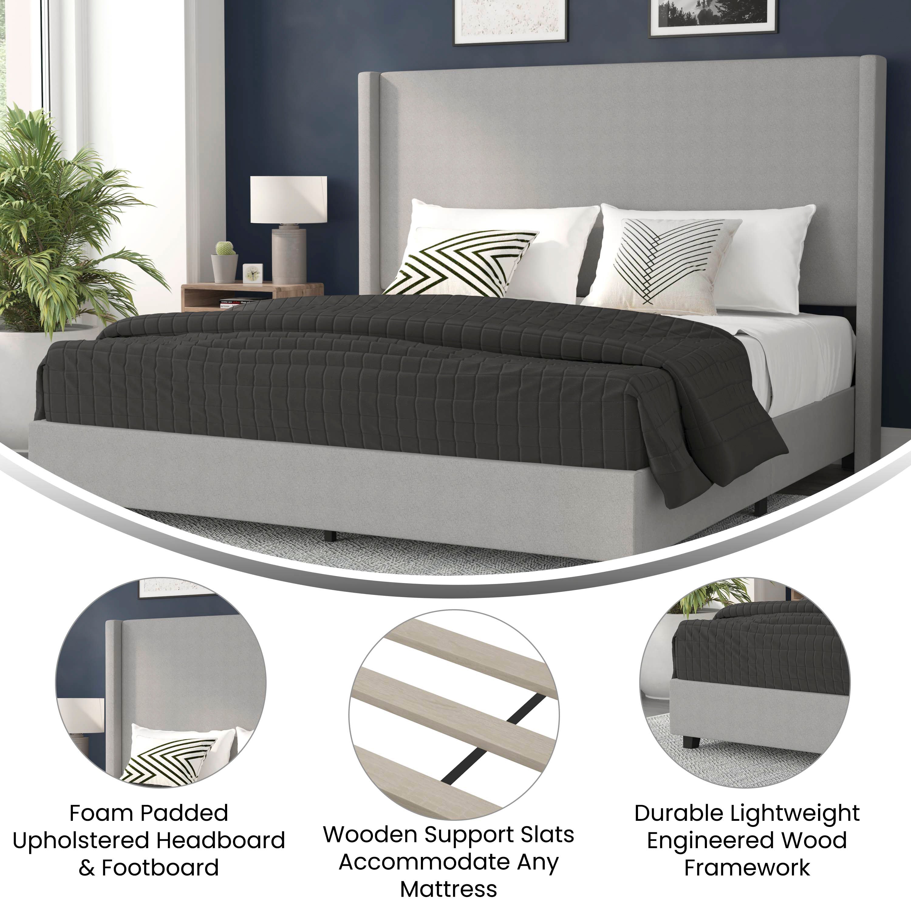 Quinn Upholstered Platform Bed with Channel Stitched Wingback Headboard, Mattress Foundation with Slatted Supports, No Box Spring Needed