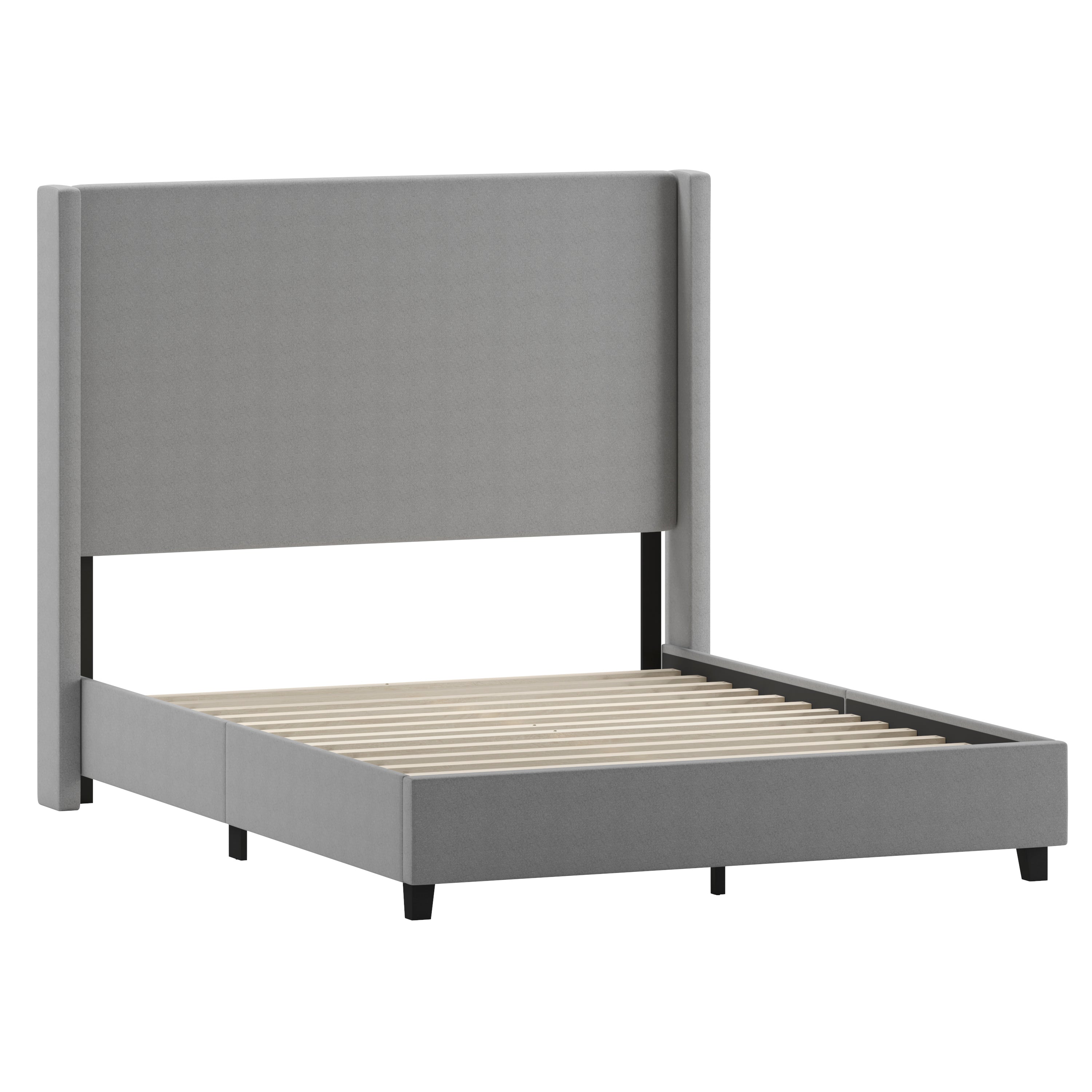 Quinn Upholstered Platform Bed with Channel Stitched Wingback Headboard, Mattress Foundation with Slatted Supports, No Box Spring Needed
