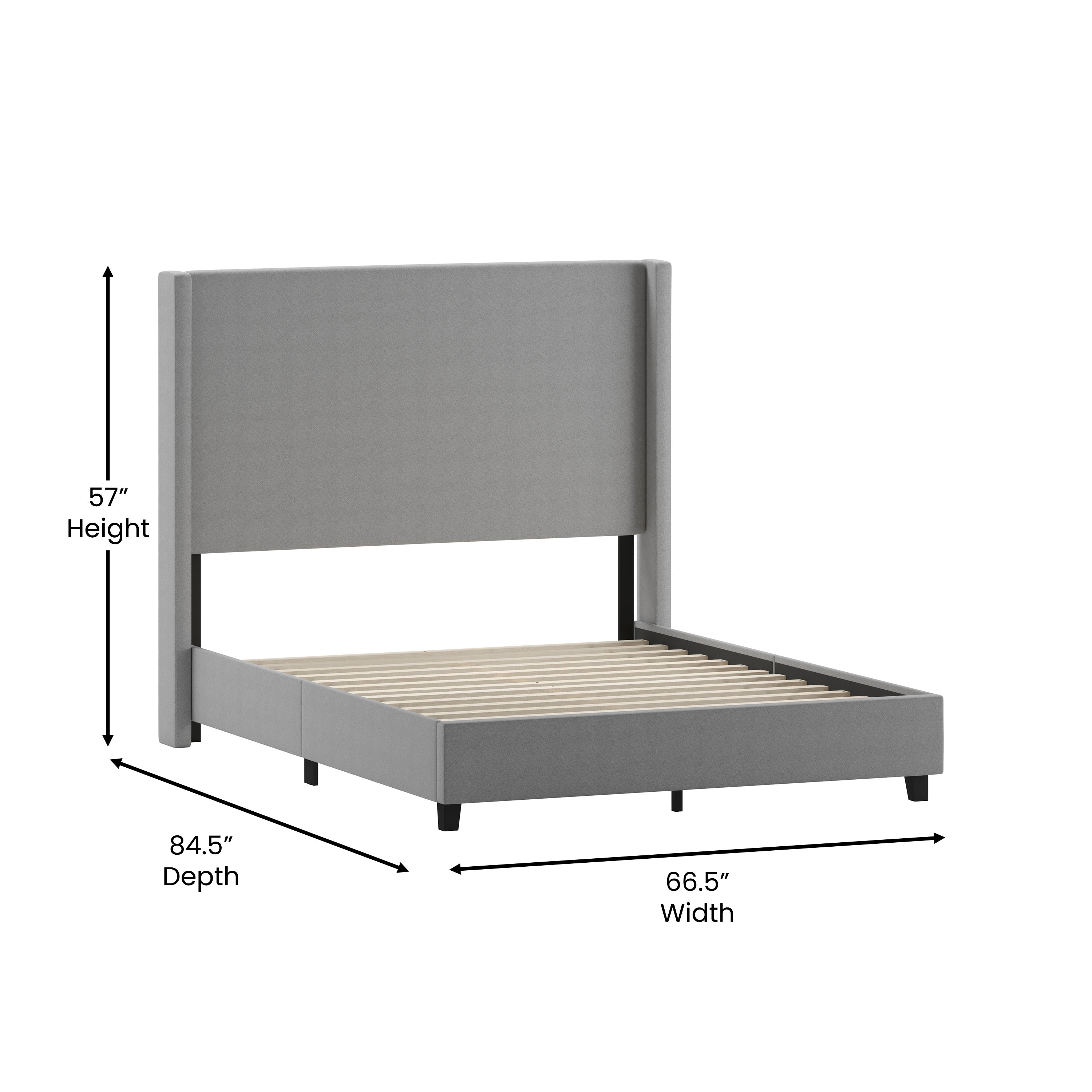 Quinn Upholstered Platform Bed with Channel Stitched Wingback Headboard, Mattress Foundation with Slatted Supports, No Box Spring Needed