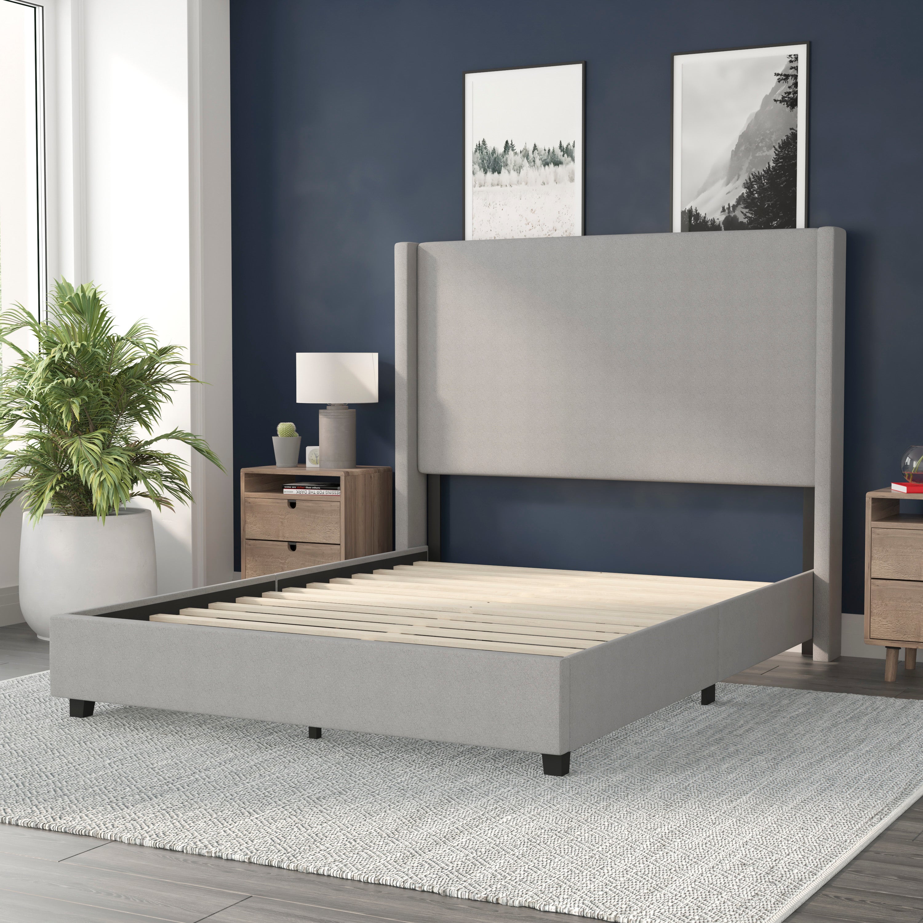 Quinn Upholstered Platform Bed with Channel Stitched Wingback Headboard, Mattress Foundation with Slatted Supports, No Box Spring Needed