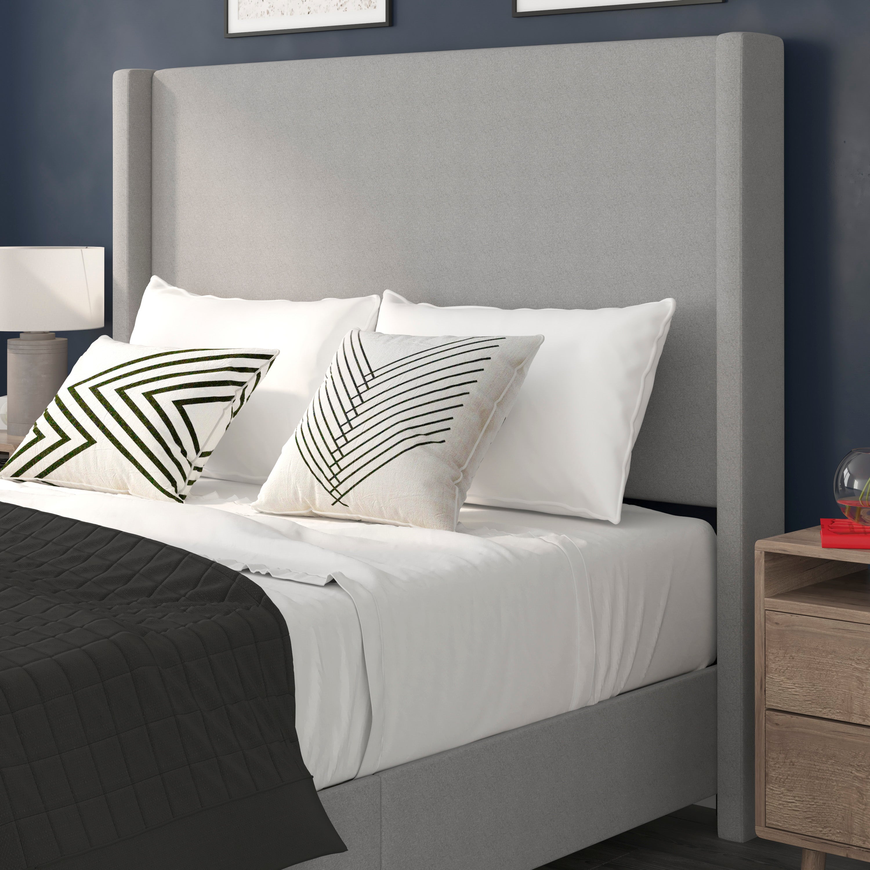Quinn Upholstered Platform Bed with Channel Stitched Wingback Headboard, Mattress Foundation with Slatted Supports, No Box Spring Needed