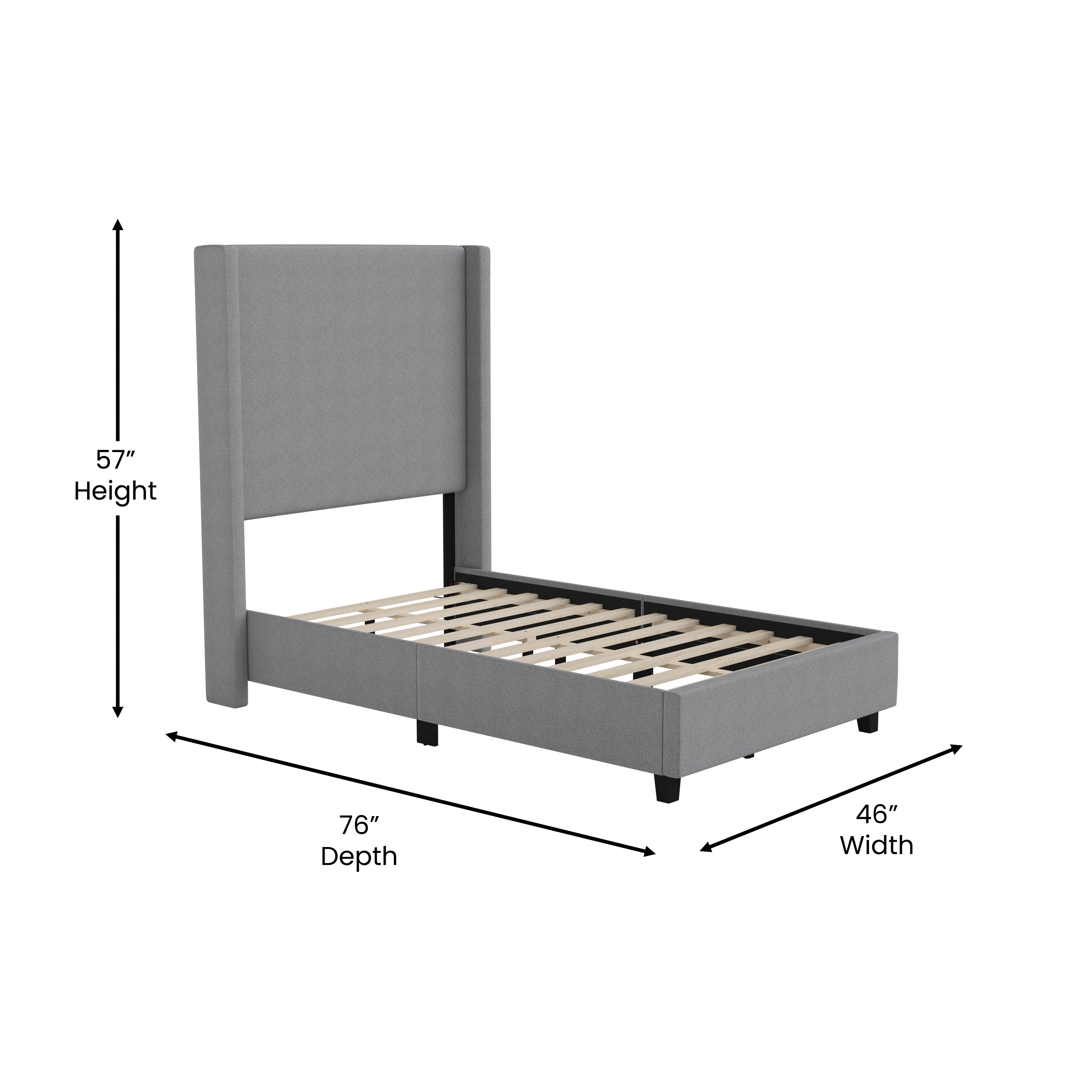 Quinn Upholstered Platform Bed with Channel Stitched Wingback Headboard, Mattress Foundation with Slatted Supports, No Box Spring Needed