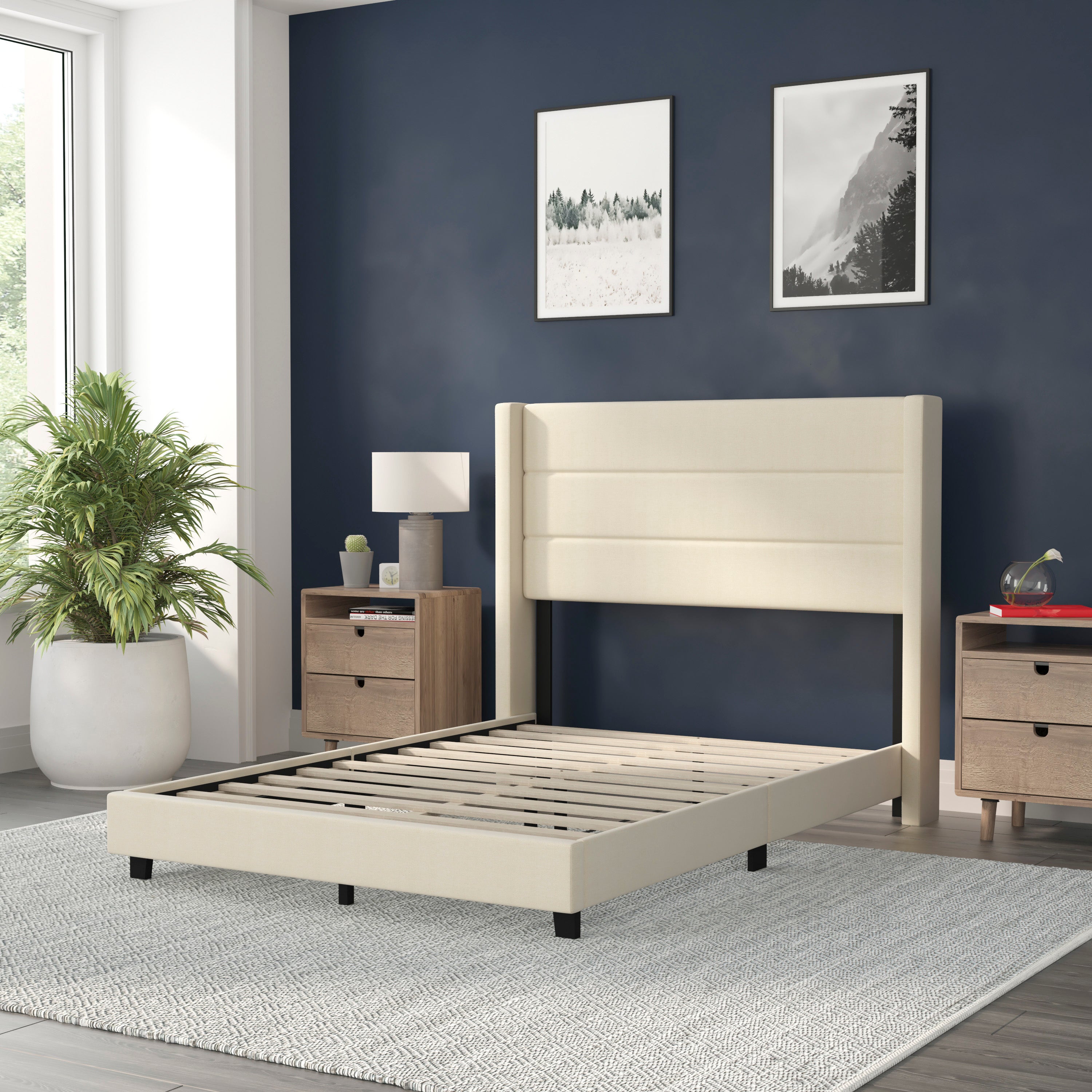 Hollis Upholstered Platform Bed with Wingback Headboard, Mattress Foundation with Slatted Supports, No Box Spring Needed
