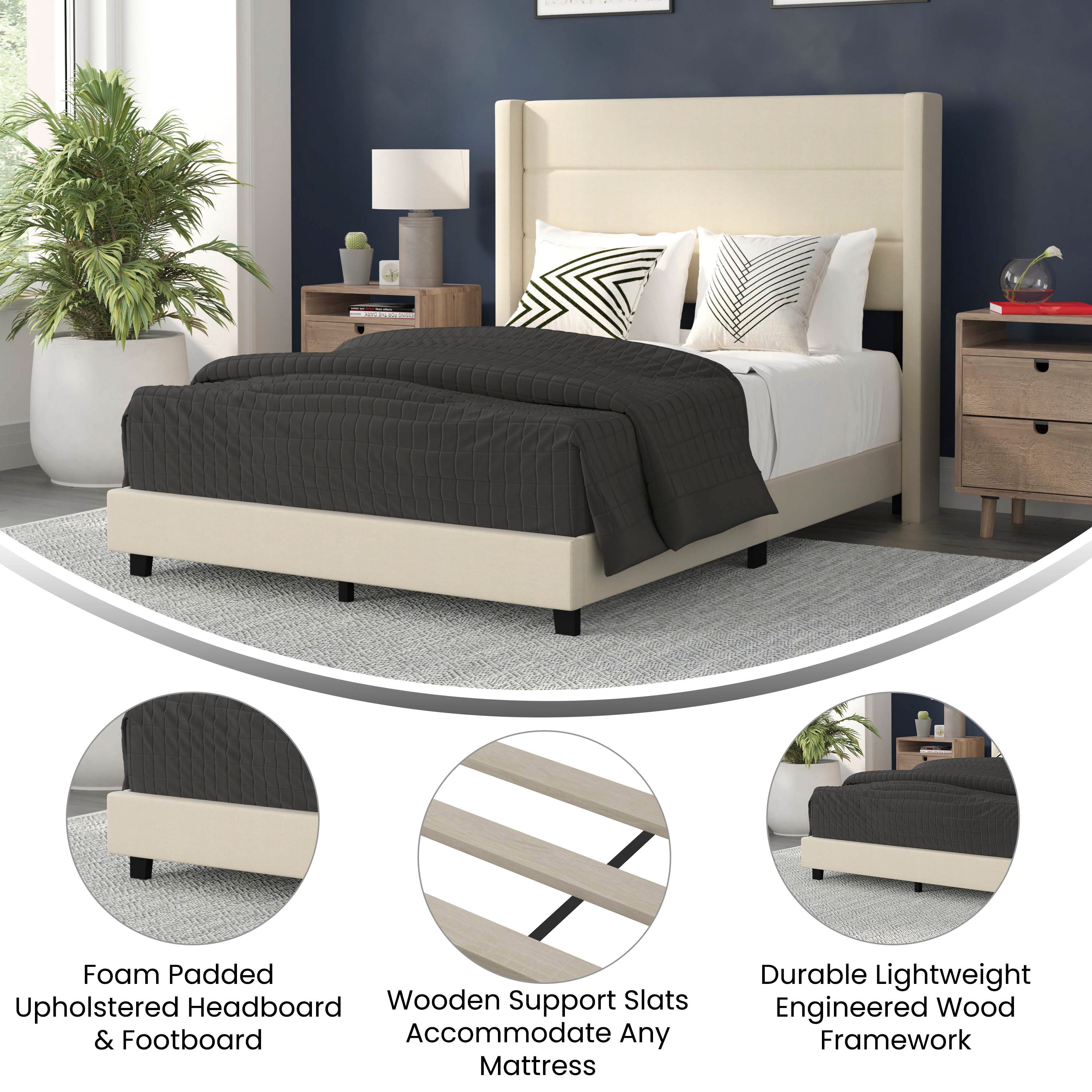 Hollis Upholstered Platform Bed with Wingback Headboard, Mattress Foundation with Slatted Supports, No Box Spring Needed