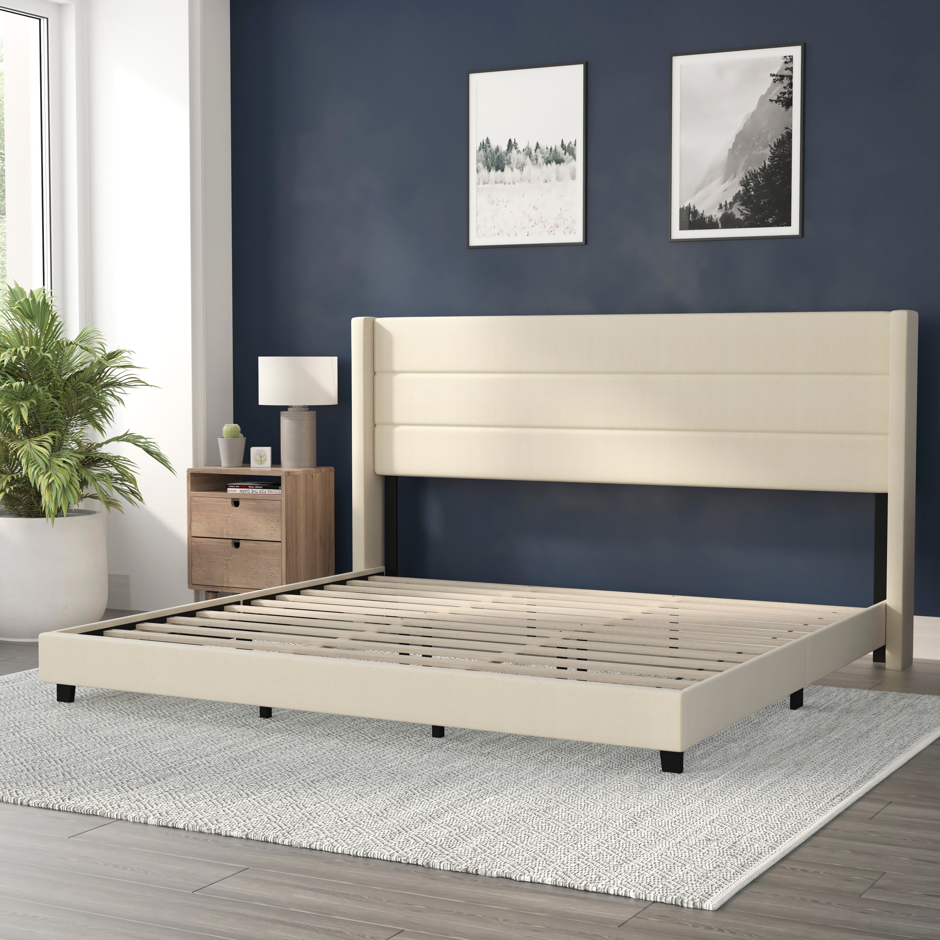 Hollis Upholstered Platform Bed with Wingback Headboard, Mattress Foundation with Slatted Supports, No Box Spring Needed