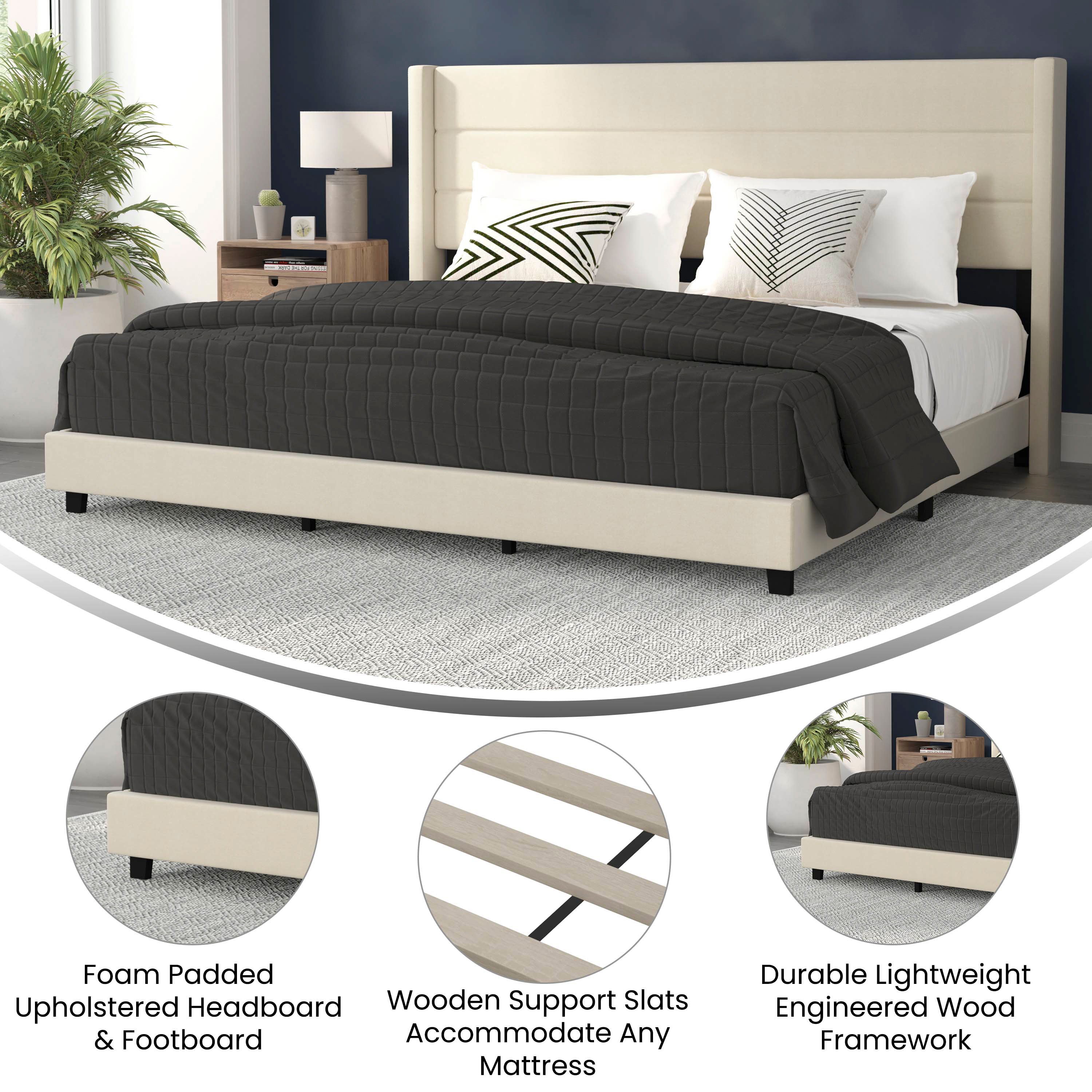 Hollis Upholstered Platform Bed with Wingback Headboard, Mattress Foundation with Slatted Supports, No Box Spring Needed
