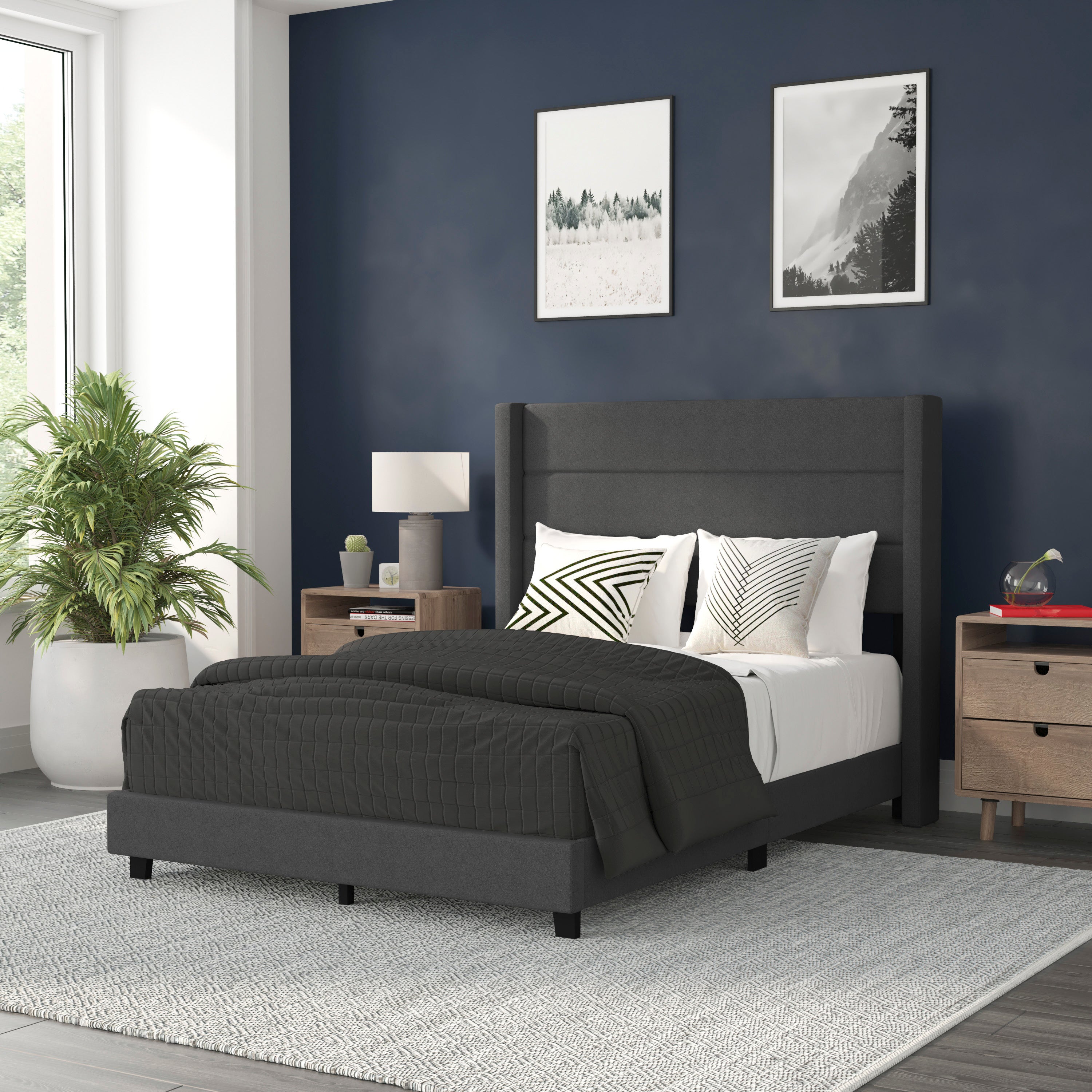 Hollis Upholstered Platform Bed with Wingback Headboard, Mattress Foundation with Slatted Supports, No Box Spring Needed