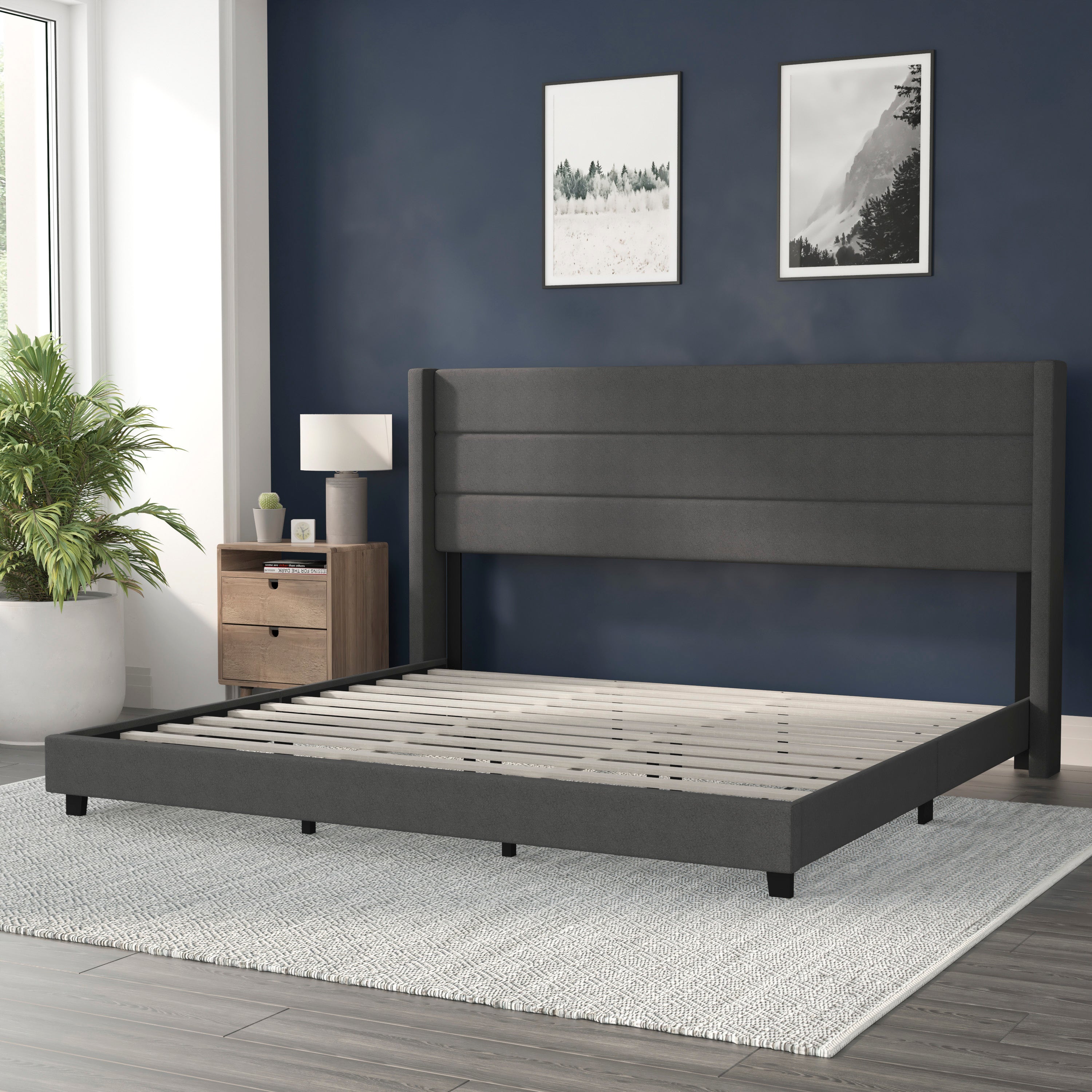 Hollis Upholstered Platform Bed with Wingback Headboard, Mattress Foundation with Slatted Supports, No Box Spring Needed
