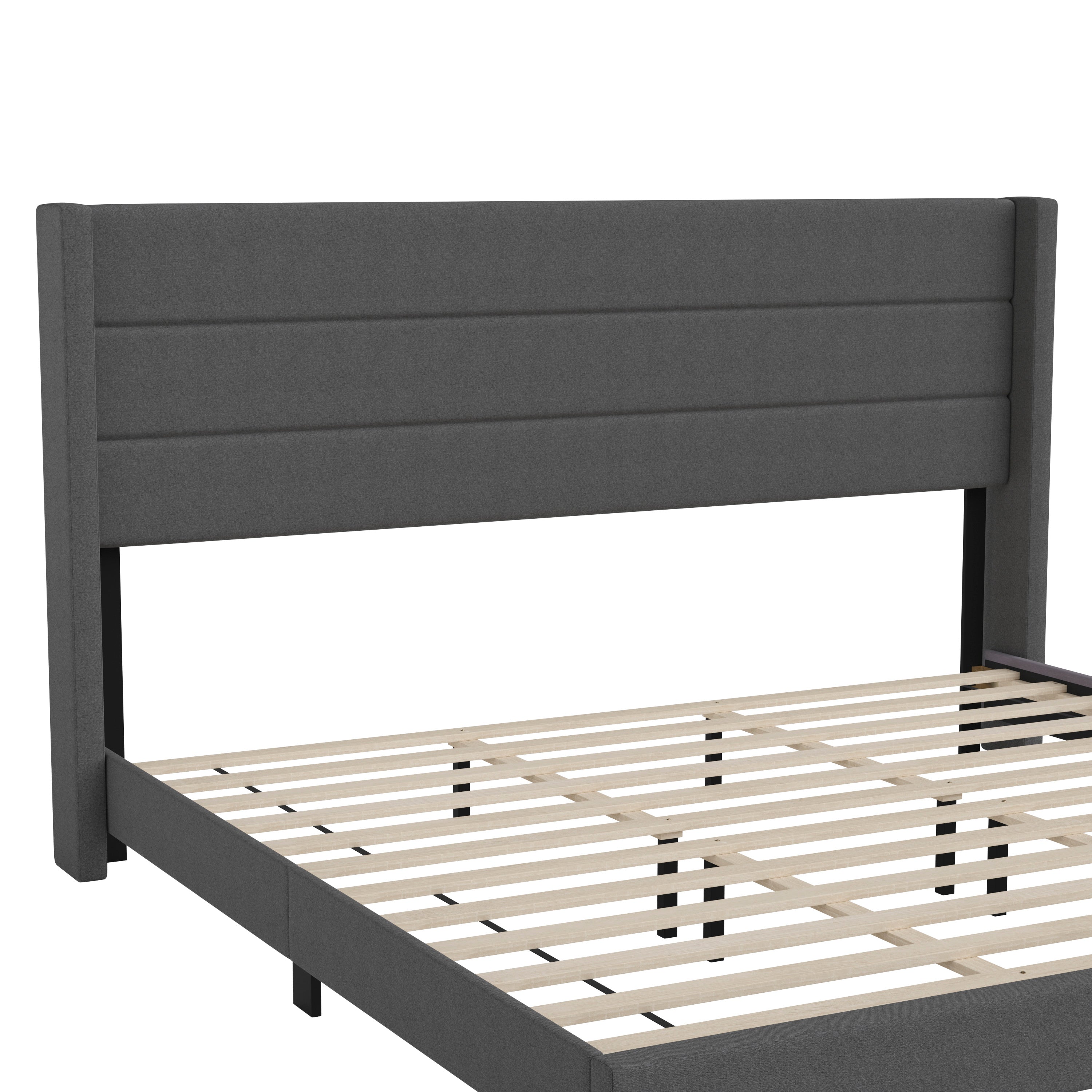 Hollis Upholstered Platform Bed with Wingback Headboard, Mattress Foundation with Slatted Supports, No Box Spring Needed