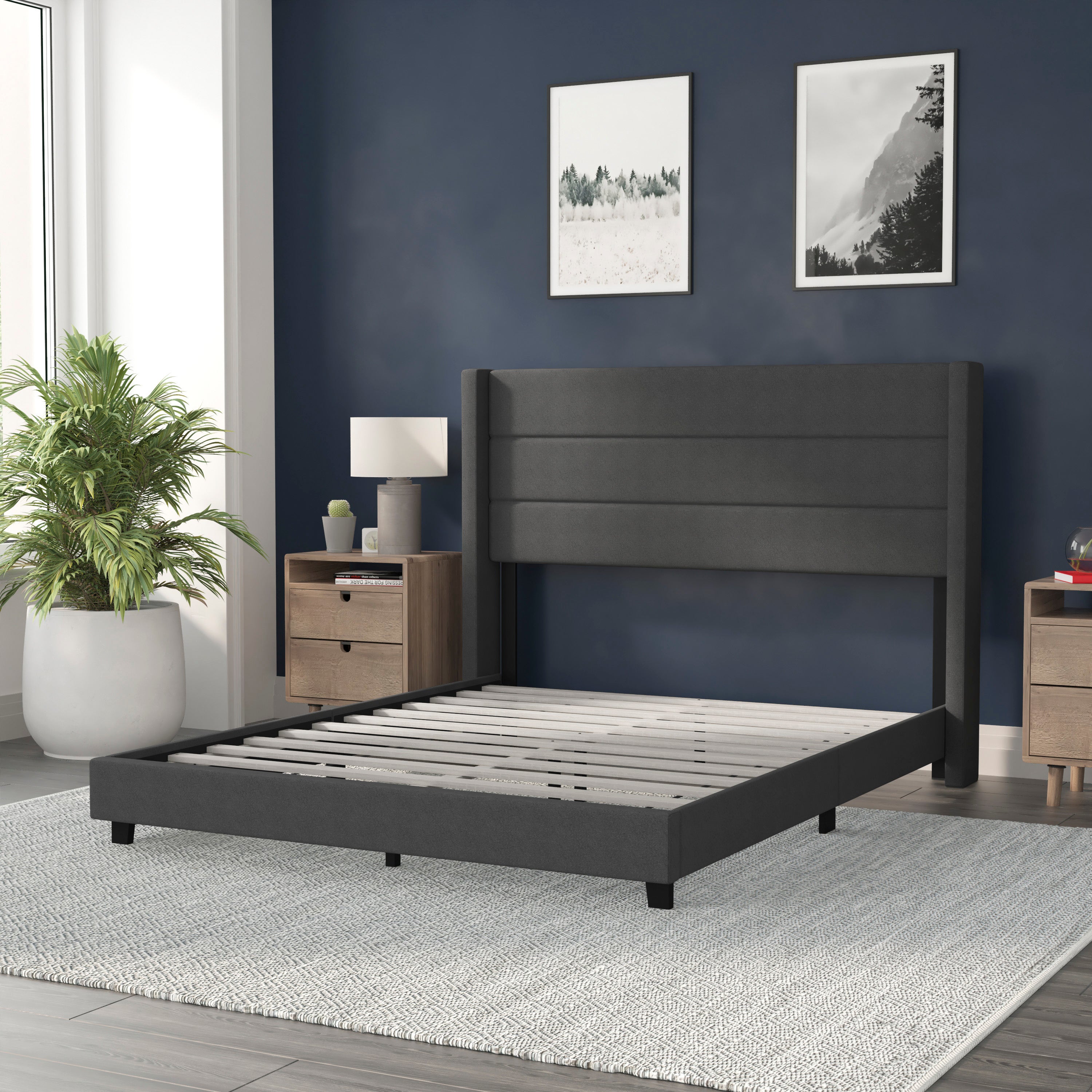 Hollis Upholstered Platform Bed with Wingback Headboard, Mattress Foundation with Slatted Supports, No Box Spring Needed