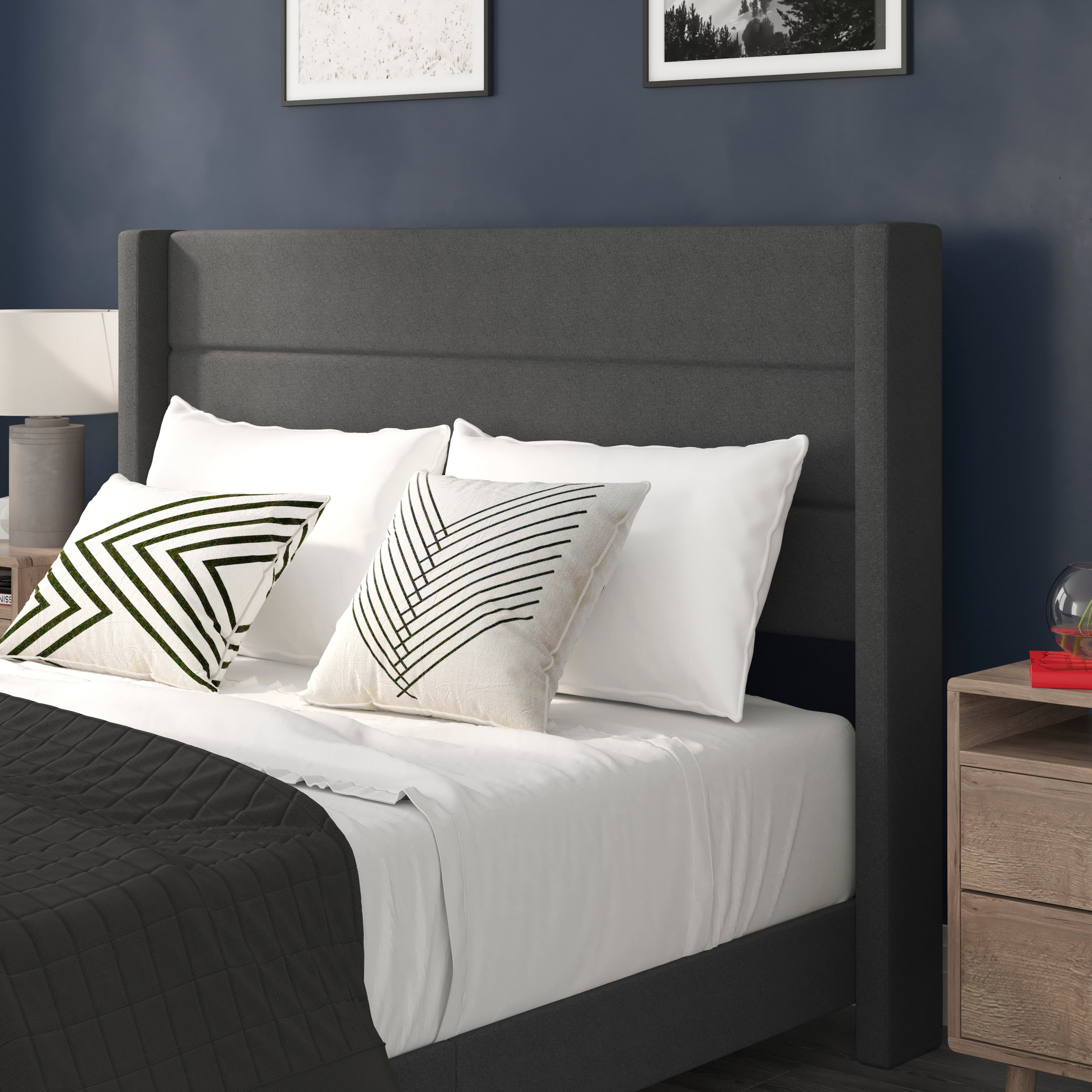 Hollis Upholstered Platform Bed with Wingback Headboard, Mattress Foundation with Slatted Supports, No Box Spring Needed