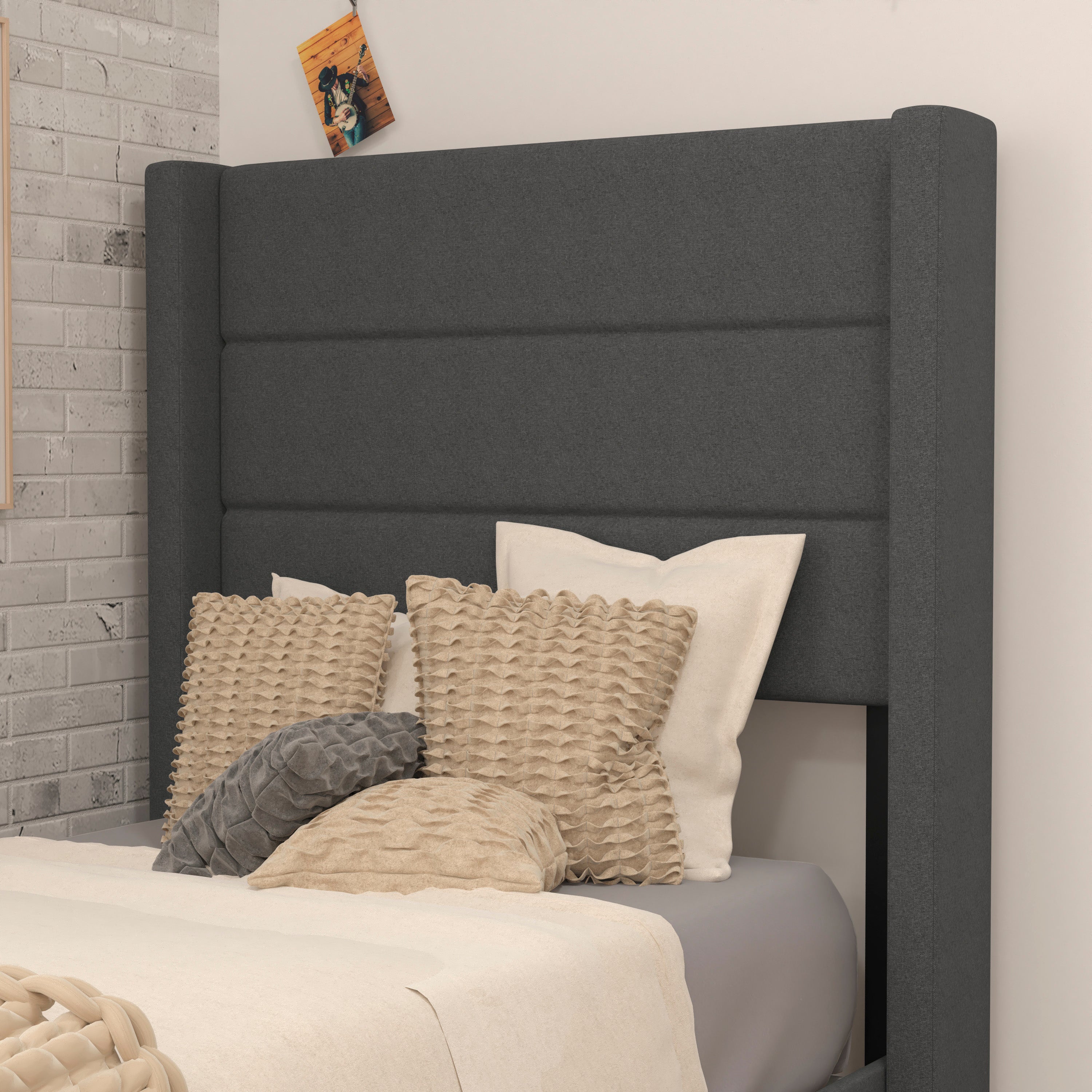Hollis Upholstered Platform Bed with Wingback Headboard, Mattress Foundation with Slatted Supports, No Box Spring Needed